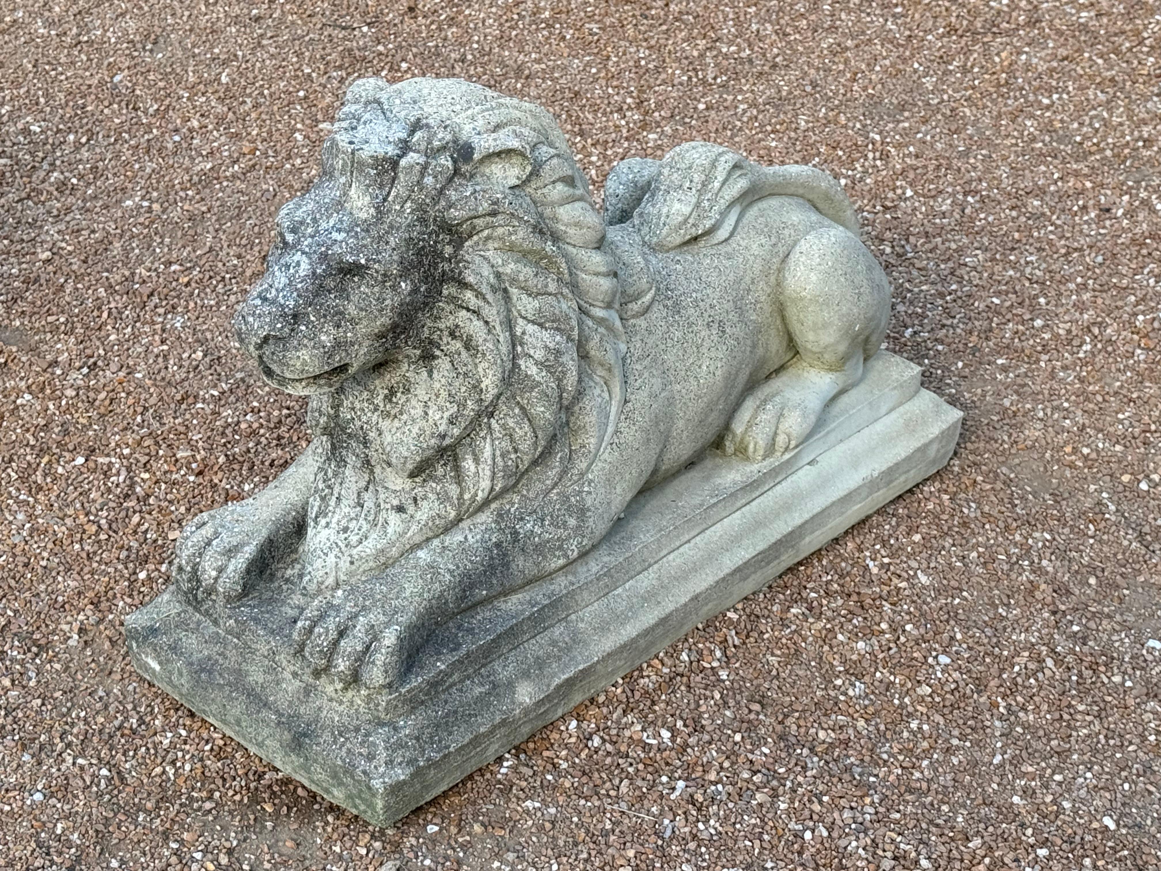 Antique Pair of Cast Stone Recumbent Entrance Way or Garden Regal Lion Statues For Sale 3