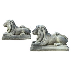 Antique Pair of Cast Stone Recumbent Entrance Way or Garden Regal Lion Statues
