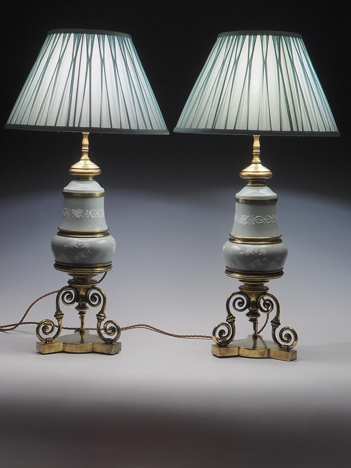 Antique Pair of Celadon Porcelain Table Lamps For Sale 1