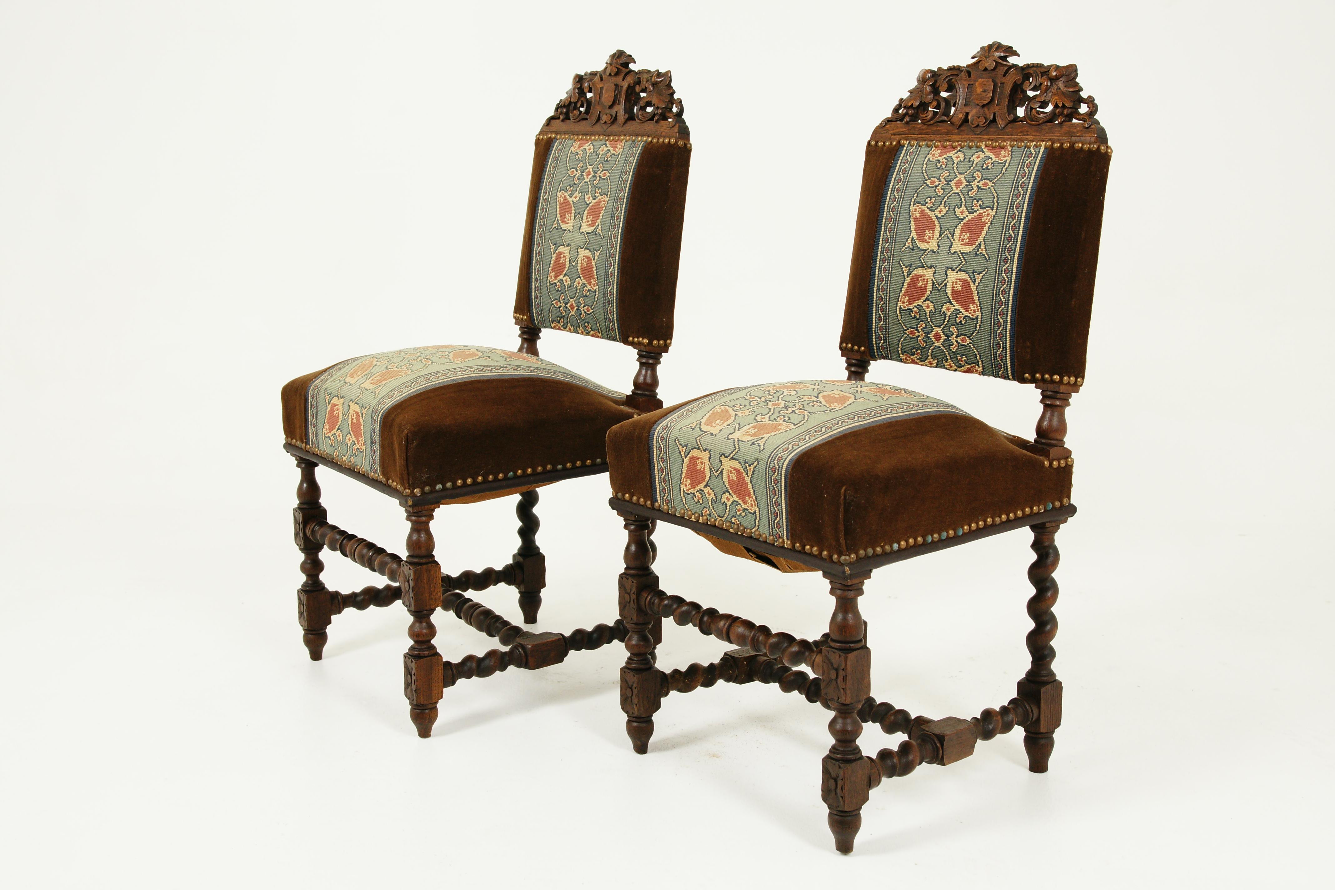 Scottish Antique Pair of Chairs, Carved Oak, Barley Twist, Upholstered, Scotland 1870