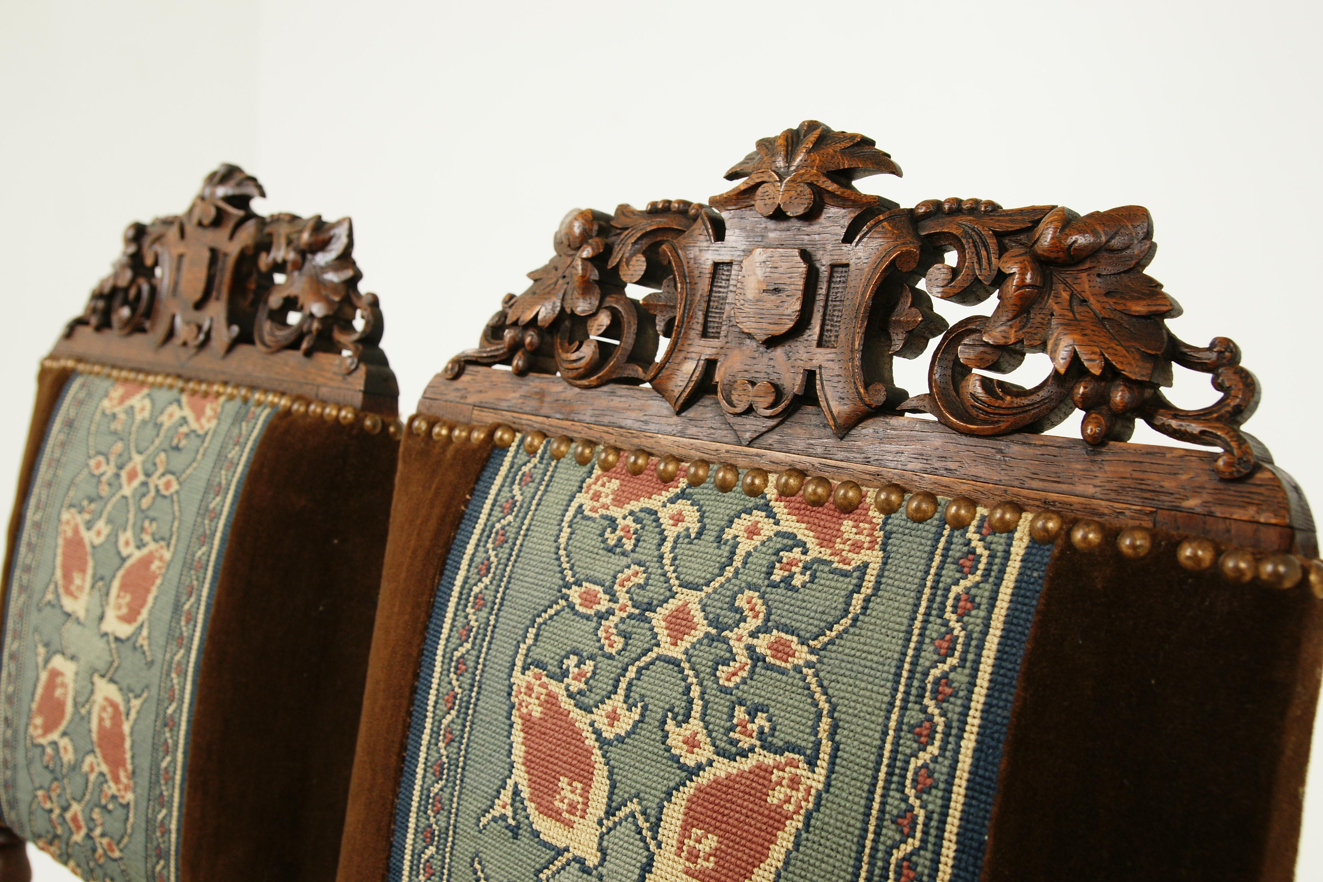Hand-Crafted Antique Pair of Chairs, Carved Oak, Barley Twist, Upholstered, Scotland 1870