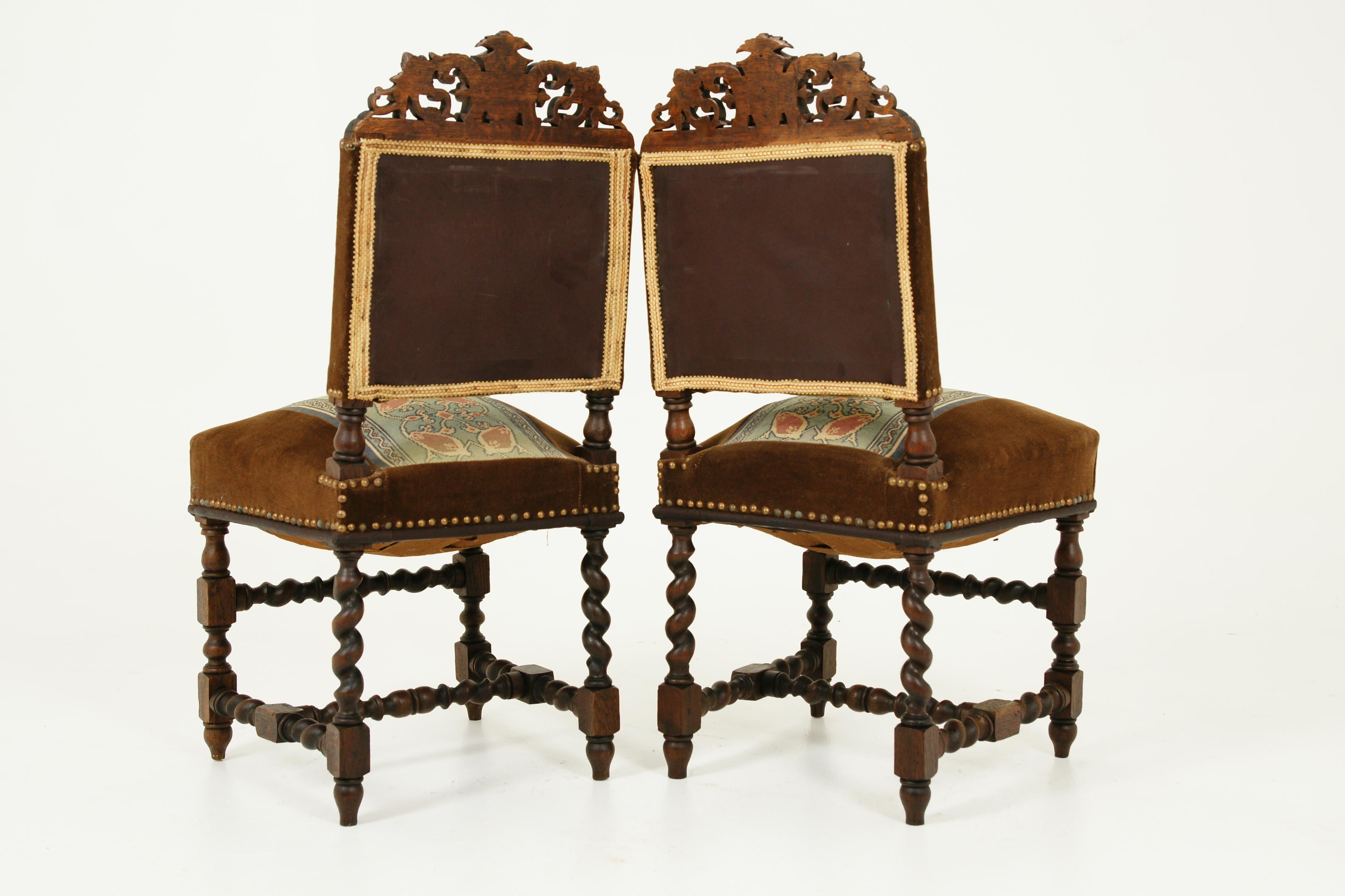 Late 19th Century Antique Pair of Chairs, Carved Oak, Barley Twist, Upholstered, Scotland 1870