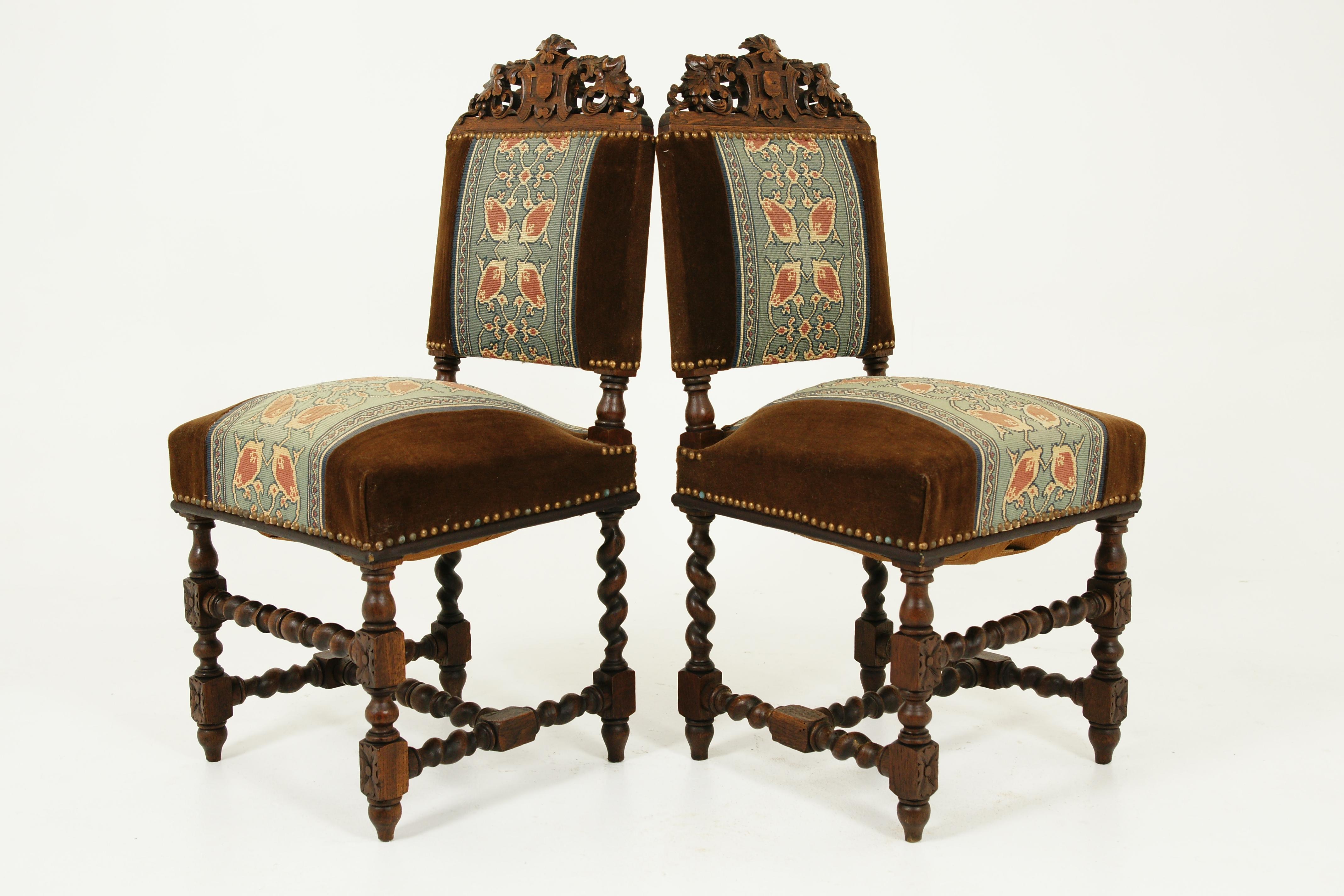 Antique Pair of Chairs, Carved Oak, Barley Twist, Upholstered, Scotland 1870 1