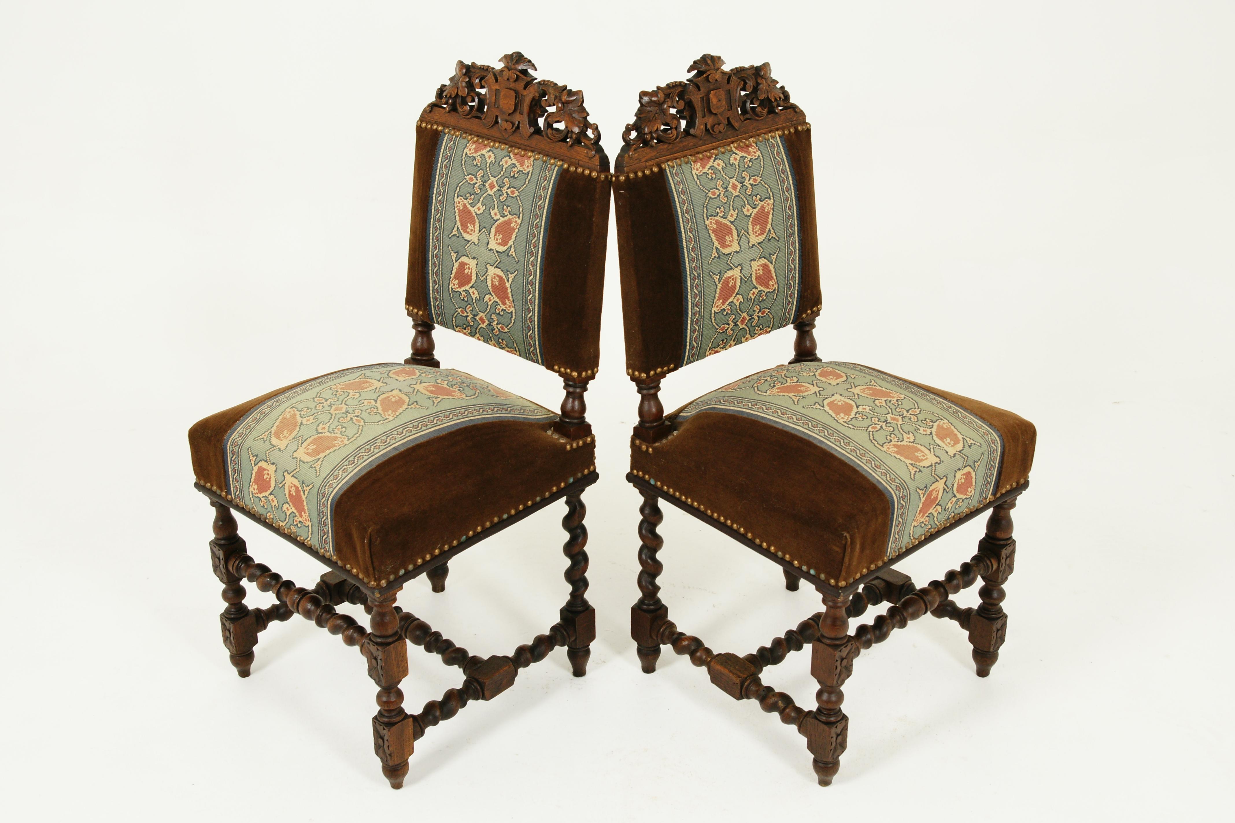 Antique Pair of Chairs, Carved Oak, Barley Twist, Upholstered, Scotland 1870 2