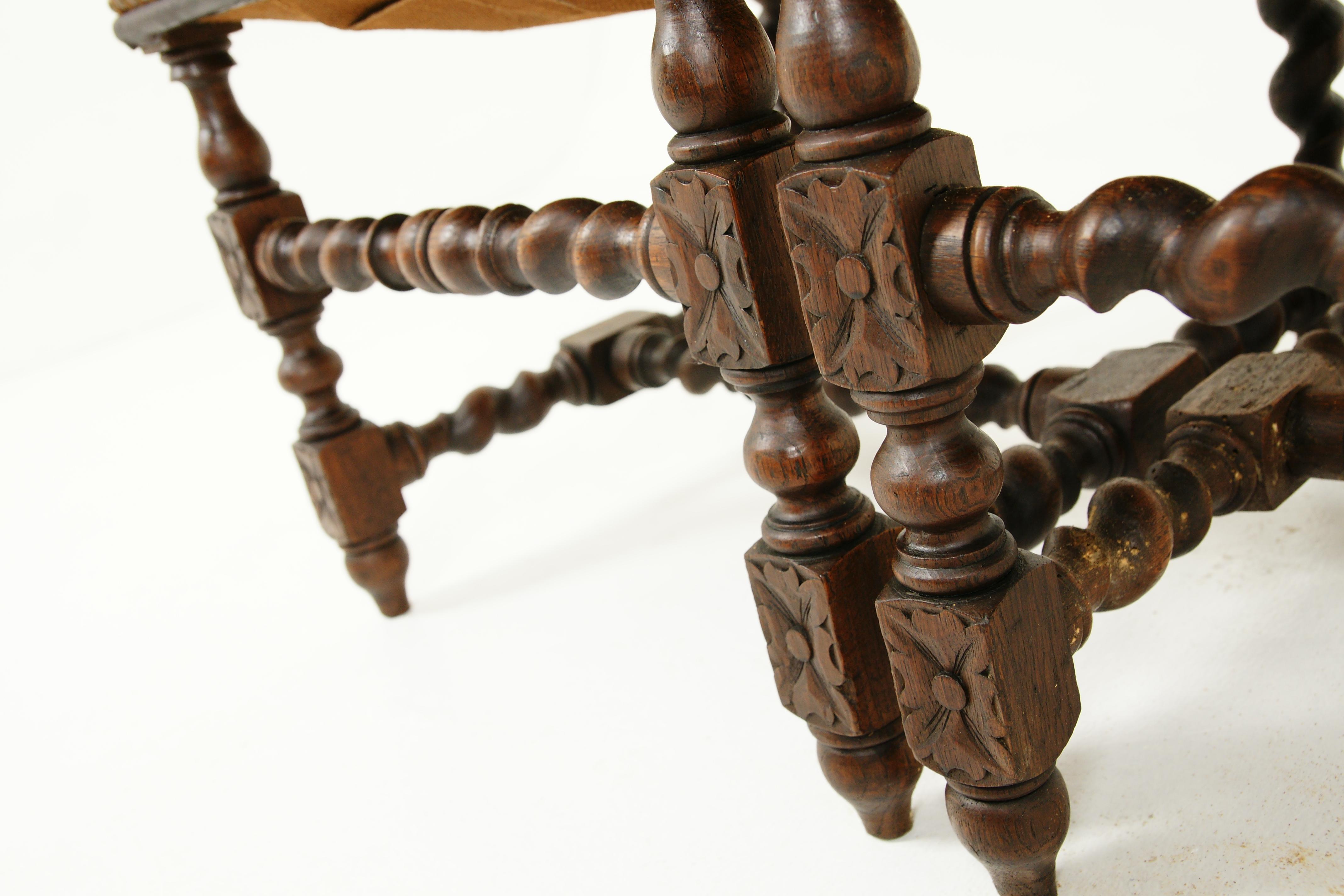 Antique Pair of Chairs, Carved Oak, Barley Twist, Upholstered, Scotland 1870 3