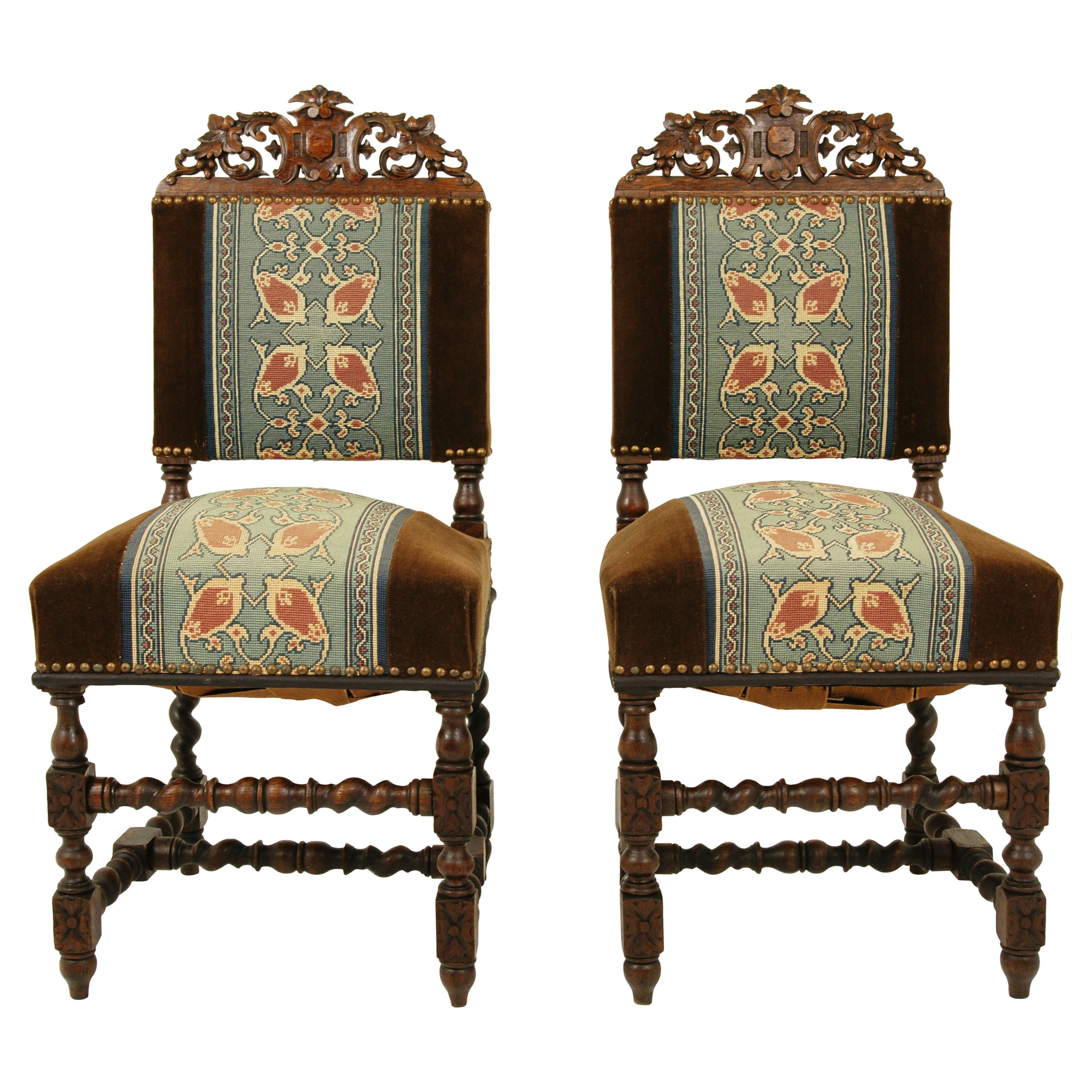 Antique Pair of Chairs, Carved Oak, Barley Twist, Upholstered, Scotland 1870