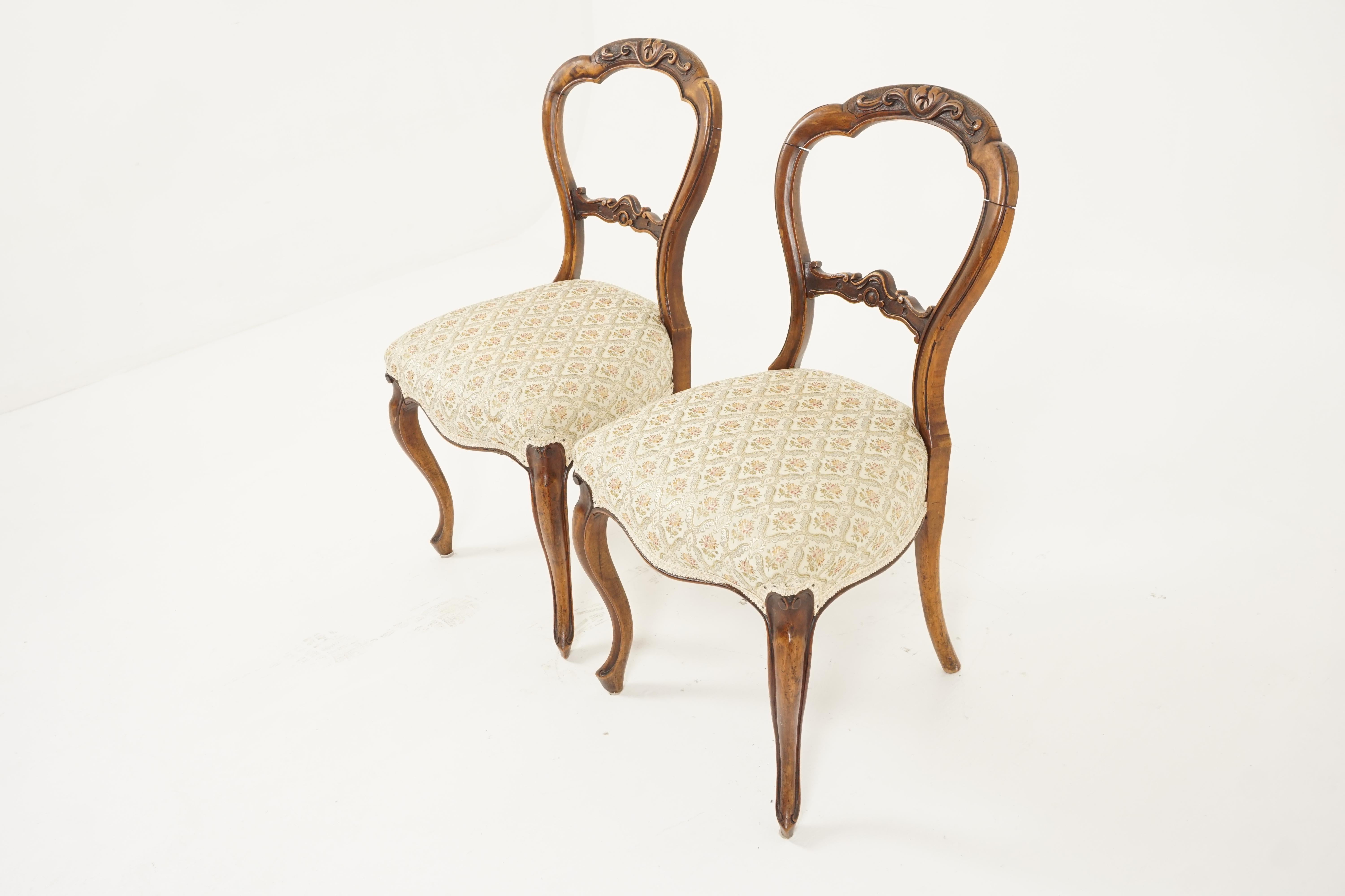 Antique pair of chairs, carved walnut, balloon back, Scotland 1880, B2704

Scotland 1880
Solid walnut
Original finish
The elegant balloon shaped back with hand carved detailing to the top and bottom rail
Upholstered seat below
All standing on