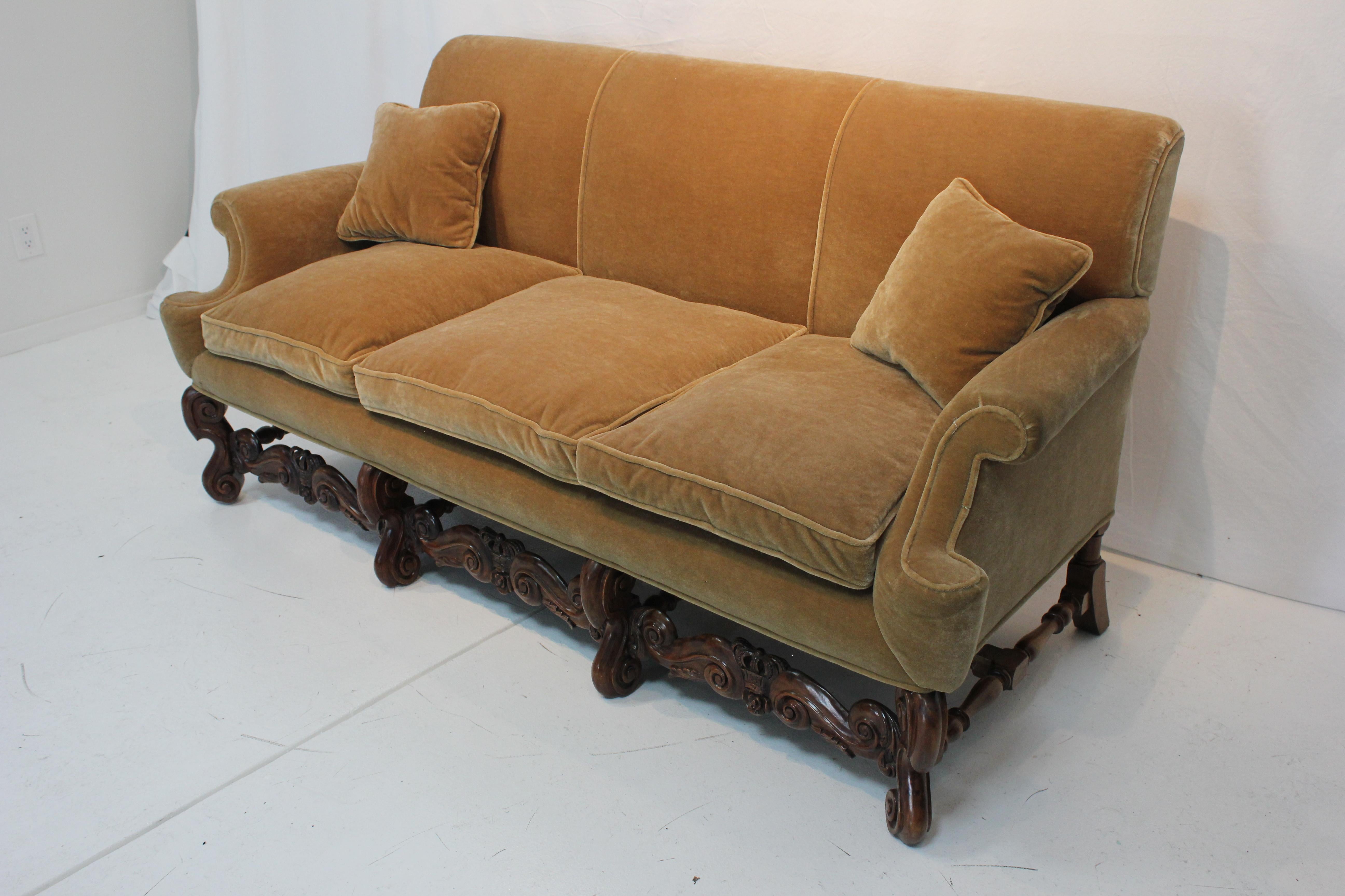 Hand-Carved Antique Pair of Charles II Style Carved Walnut Sofas w/ Mohair Fabric Circa 1900 For Sale