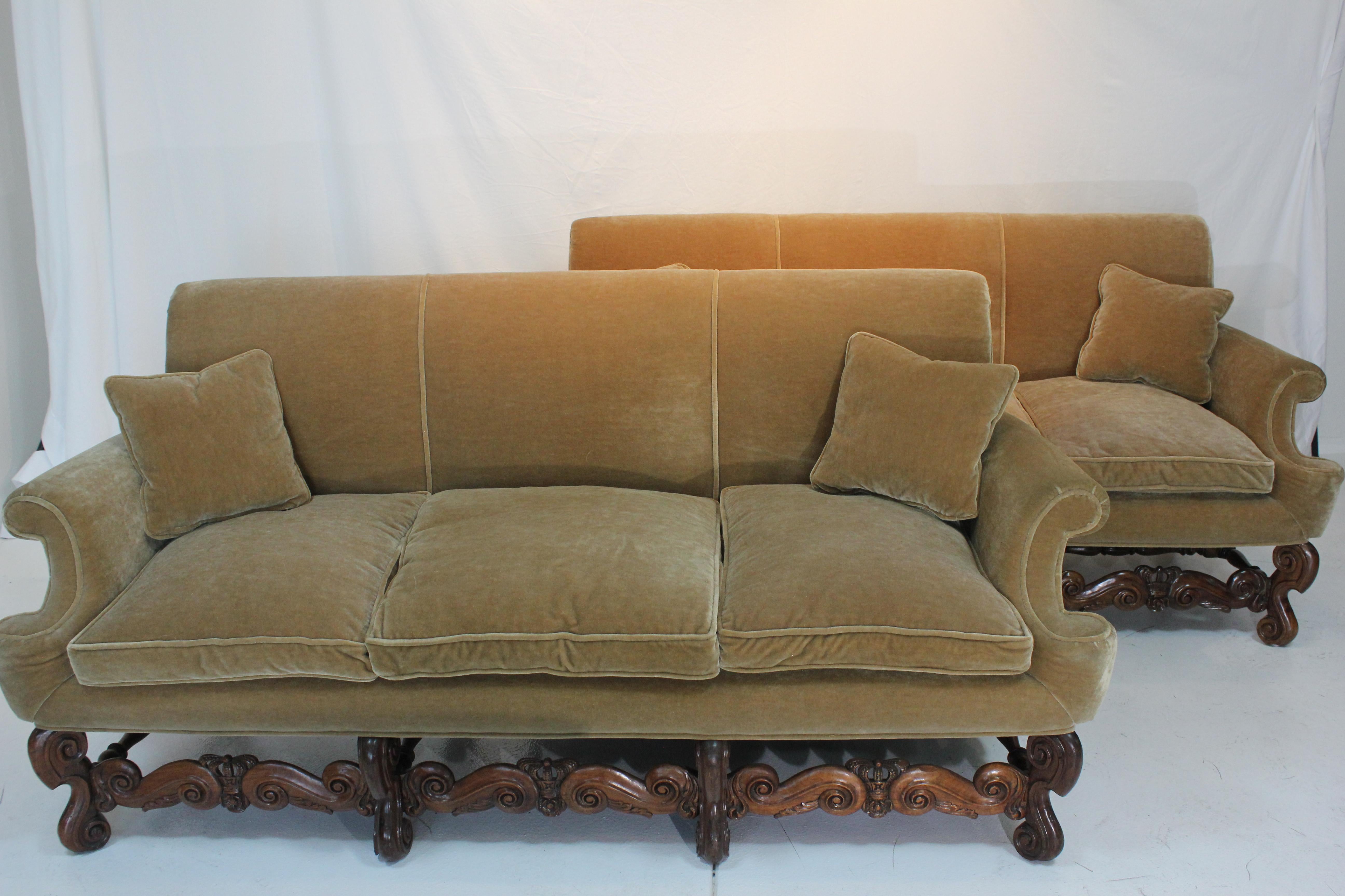 Down Antique Pair of Charles II Style Carved Walnut Sofas w/ Mohair Fabric Circa 1900 For Sale