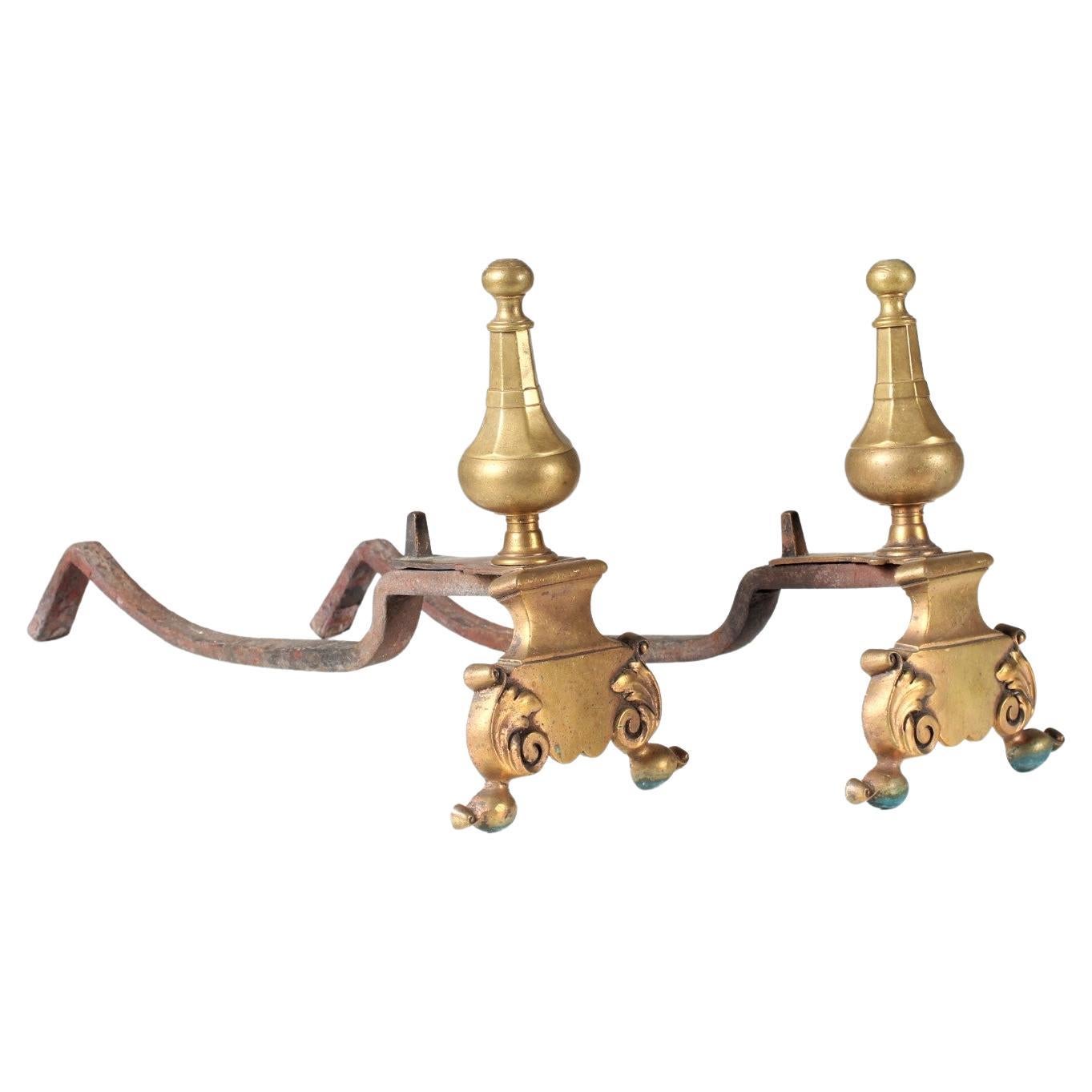 Antique Pair of Chimney Dogs, Andiron, Brass For Sale