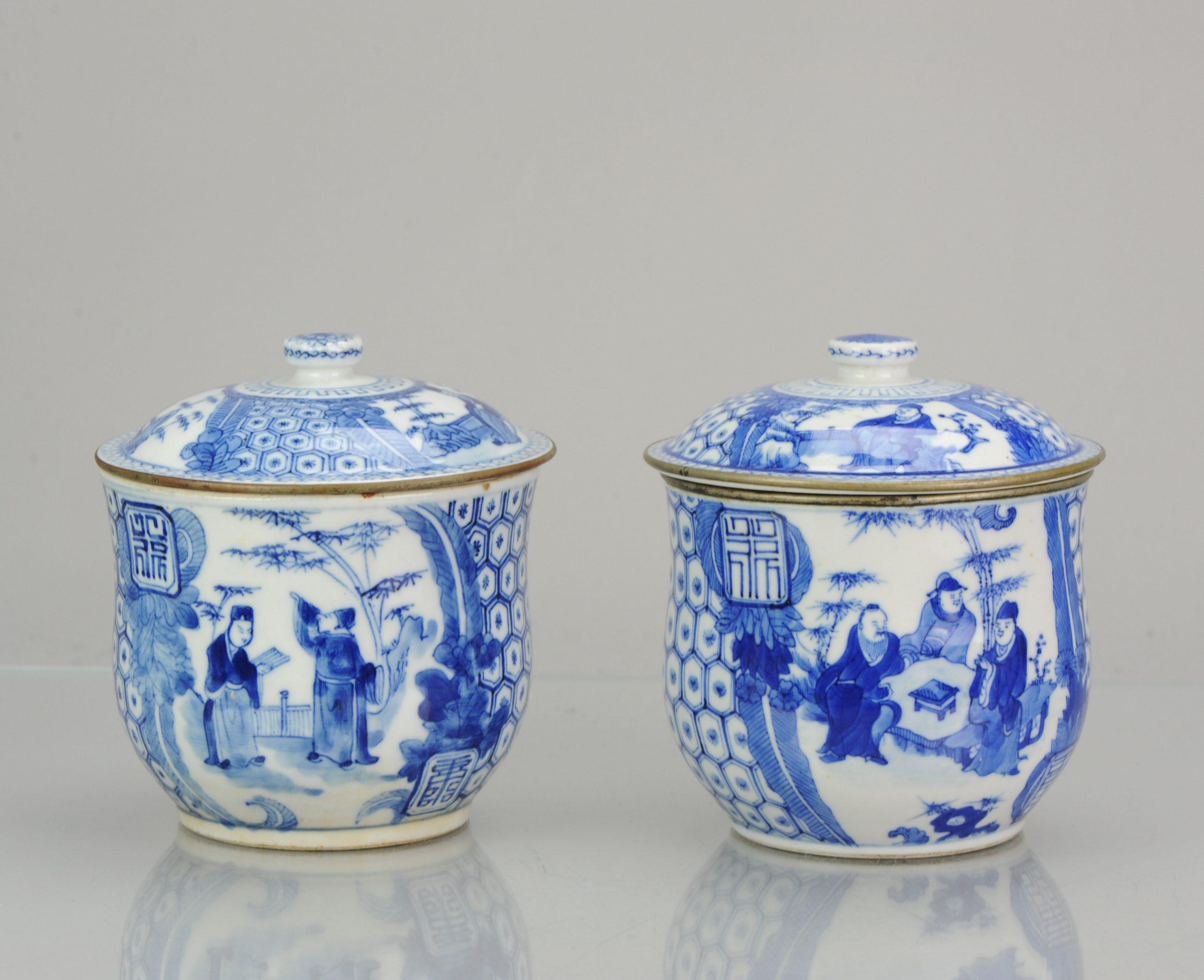 Antique Pair of Chinese 19th Century Bleu de Hue Lidded Jars Vietnamese Market 14