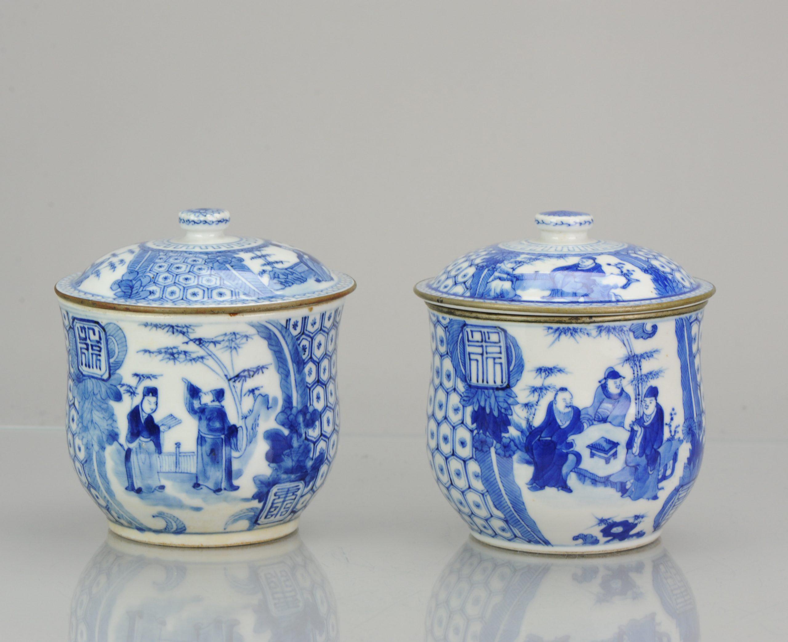 Antique Pair of Chinese 19th Century Bleu de Hue Lidded Jars Vietnamese Market 15