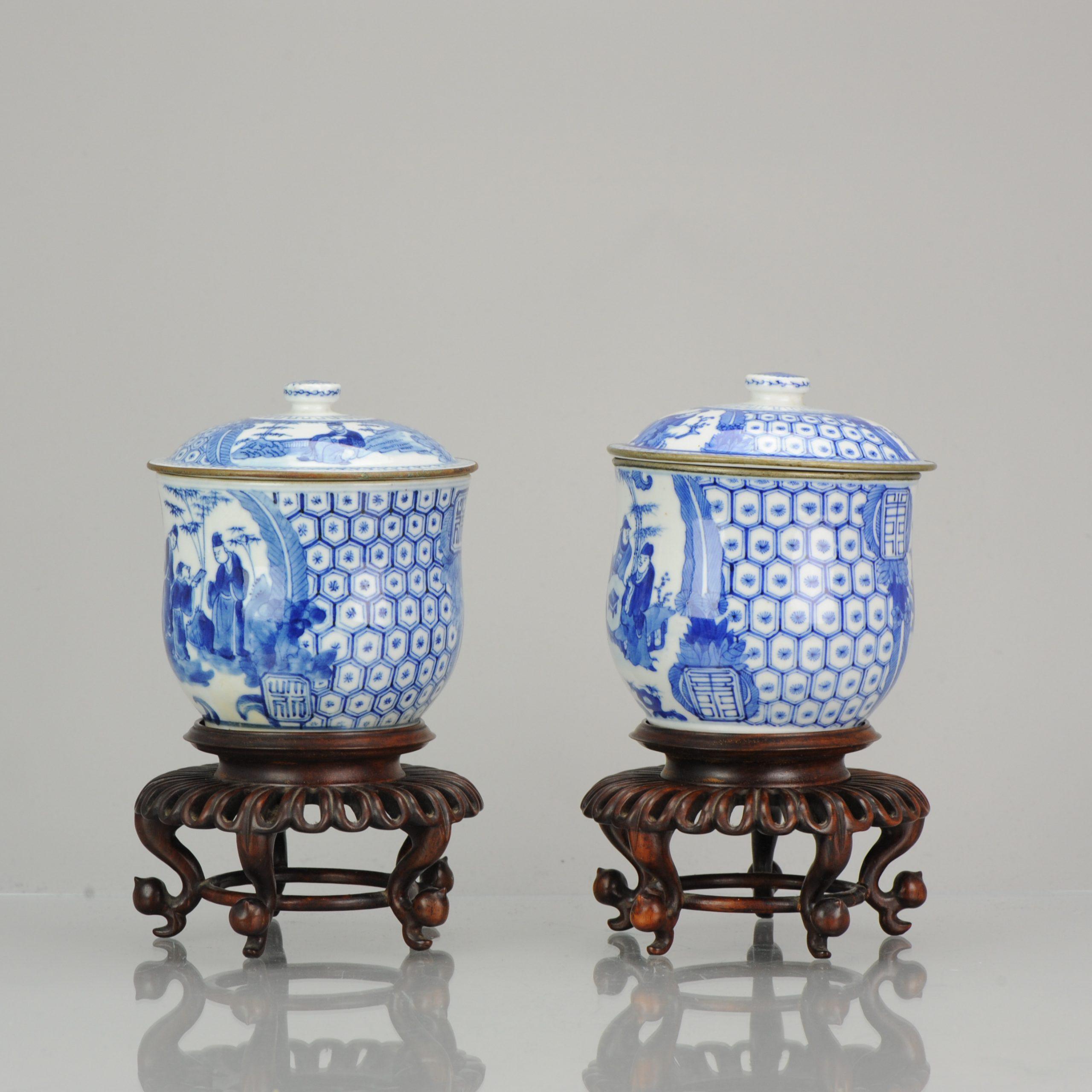 Qing Antique Pair of Chinese 19th Century Bleu de Hue Lidded Jars Vietnamese Market