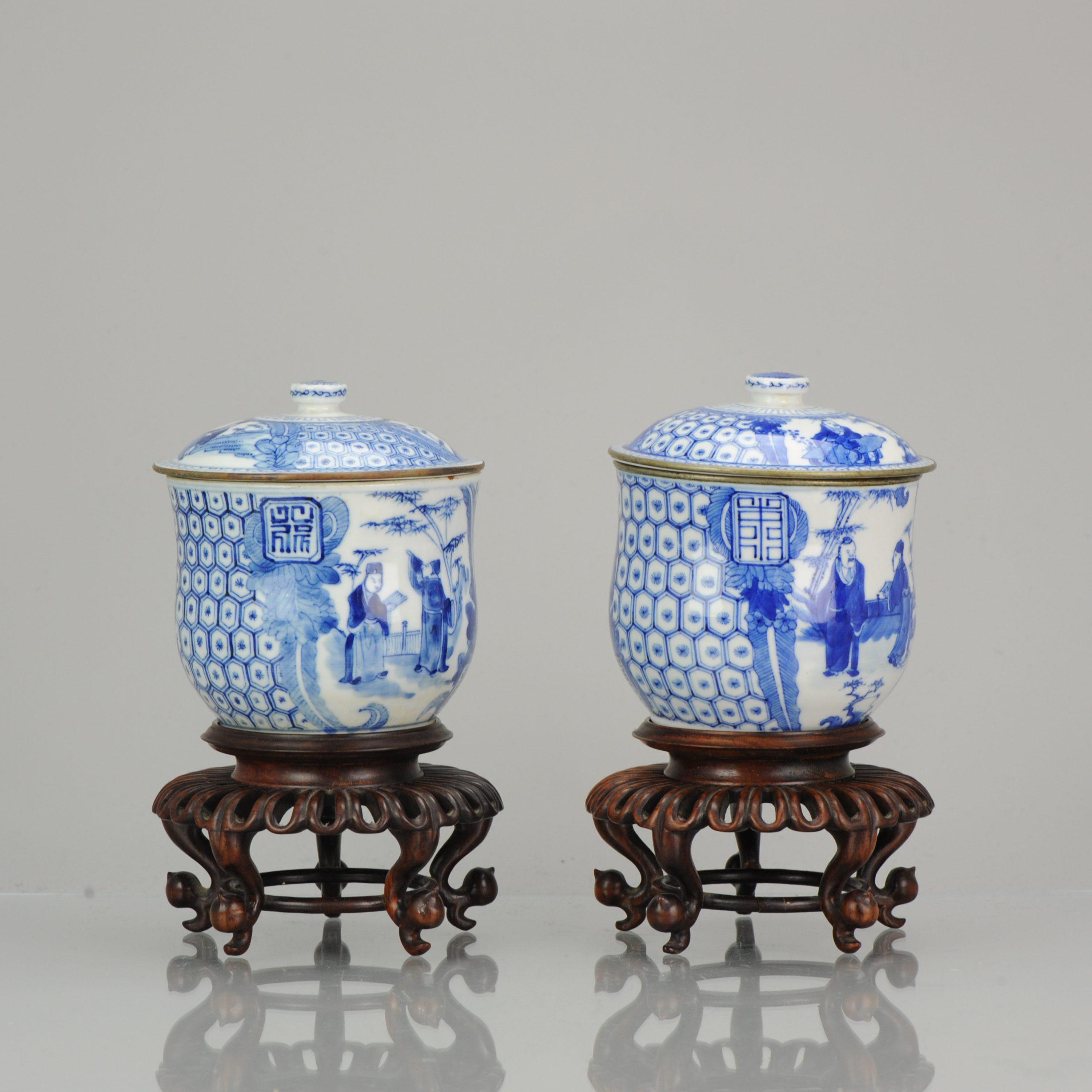 Porcelain Antique Pair of Chinese 19th Century Bleu de Hue Lidded Jars Vietnamese Market