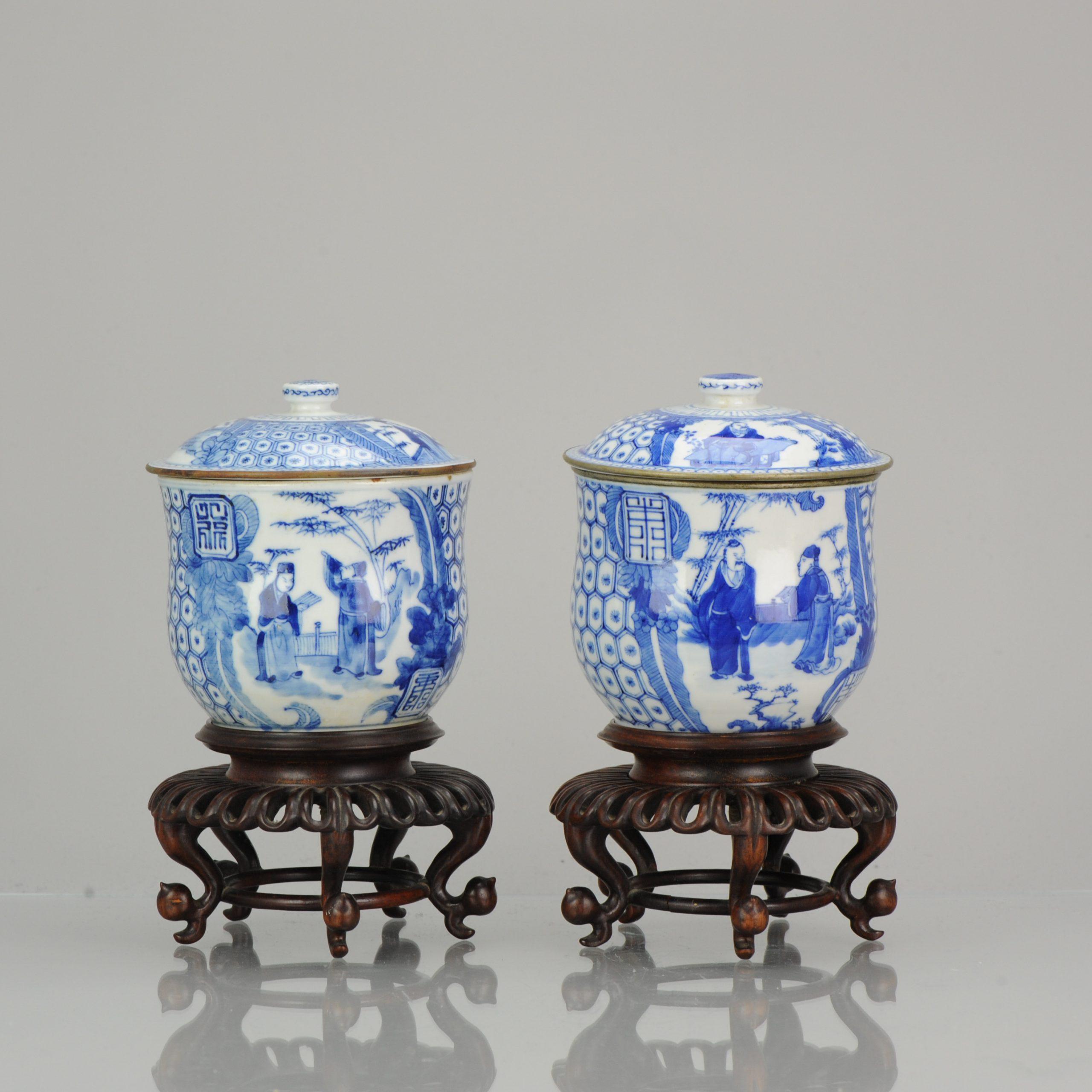 Antique Pair of Chinese 19th Century Bleu de Hue Lidded Jars Vietnamese Market 1