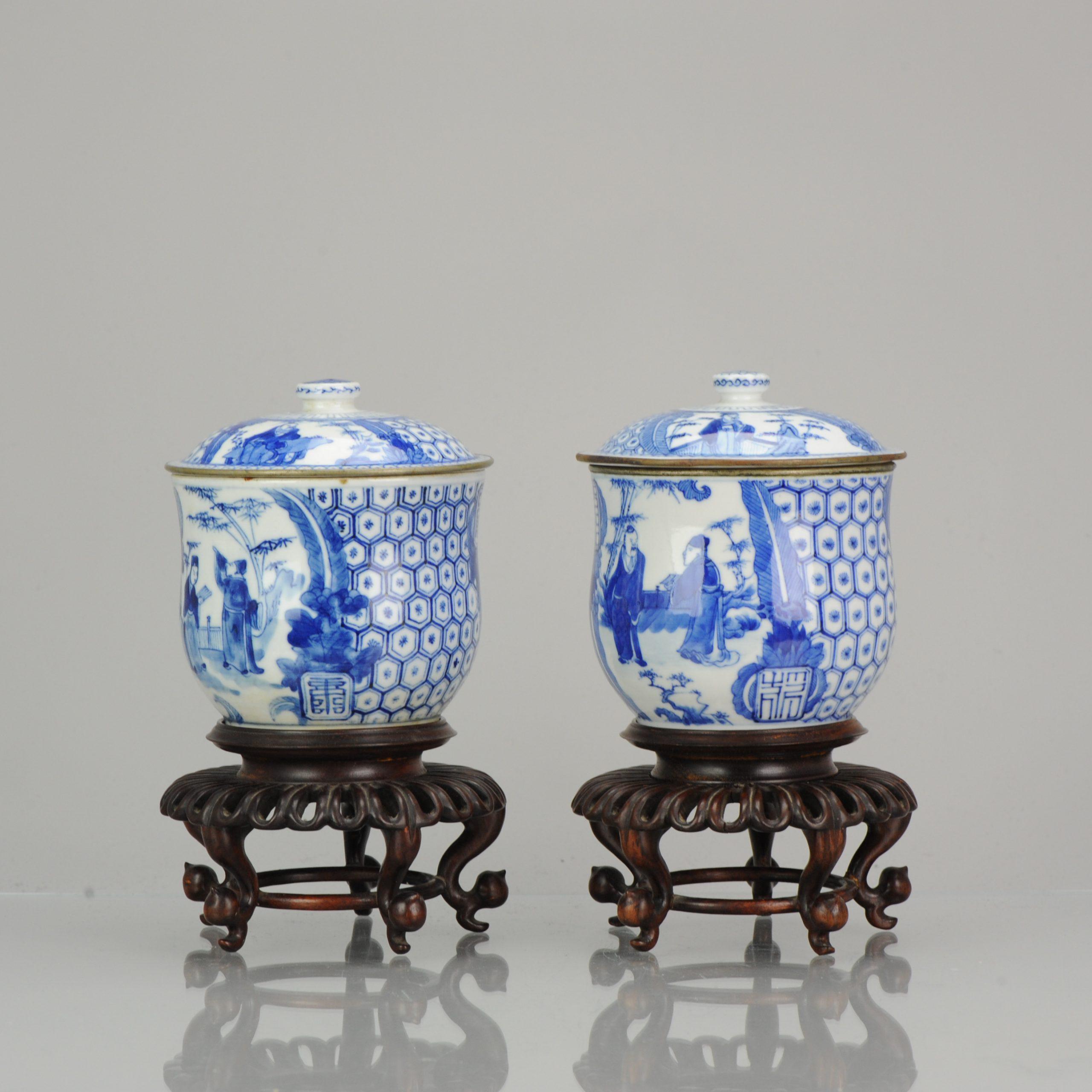 Antique Pair of Chinese 19th Century Bleu de Hue Lidded Jars Vietnamese Market 3