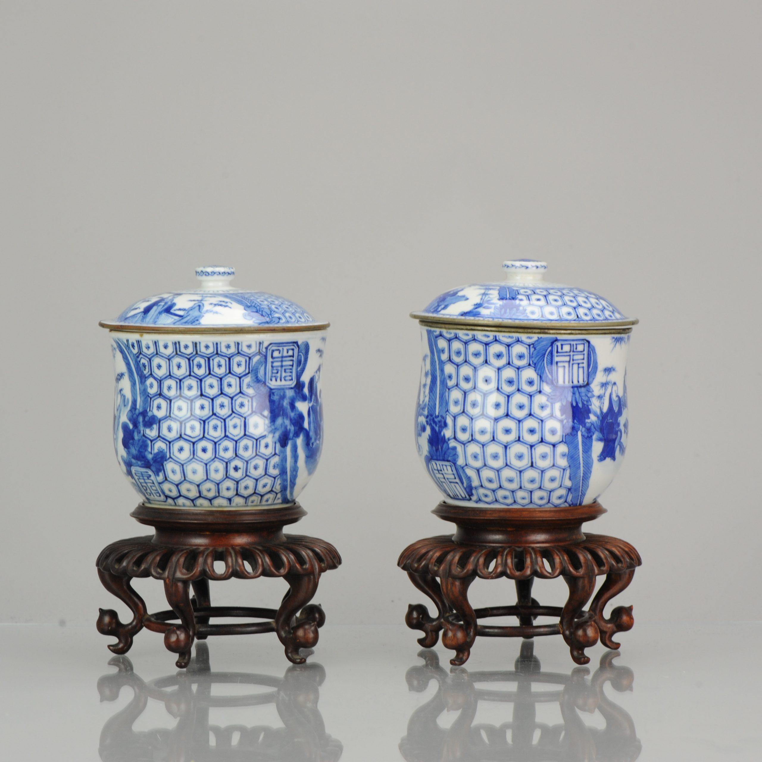 Antique Pair of Chinese 19th Century Bleu de Hue Lidded Jars Vietnamese Market 4
