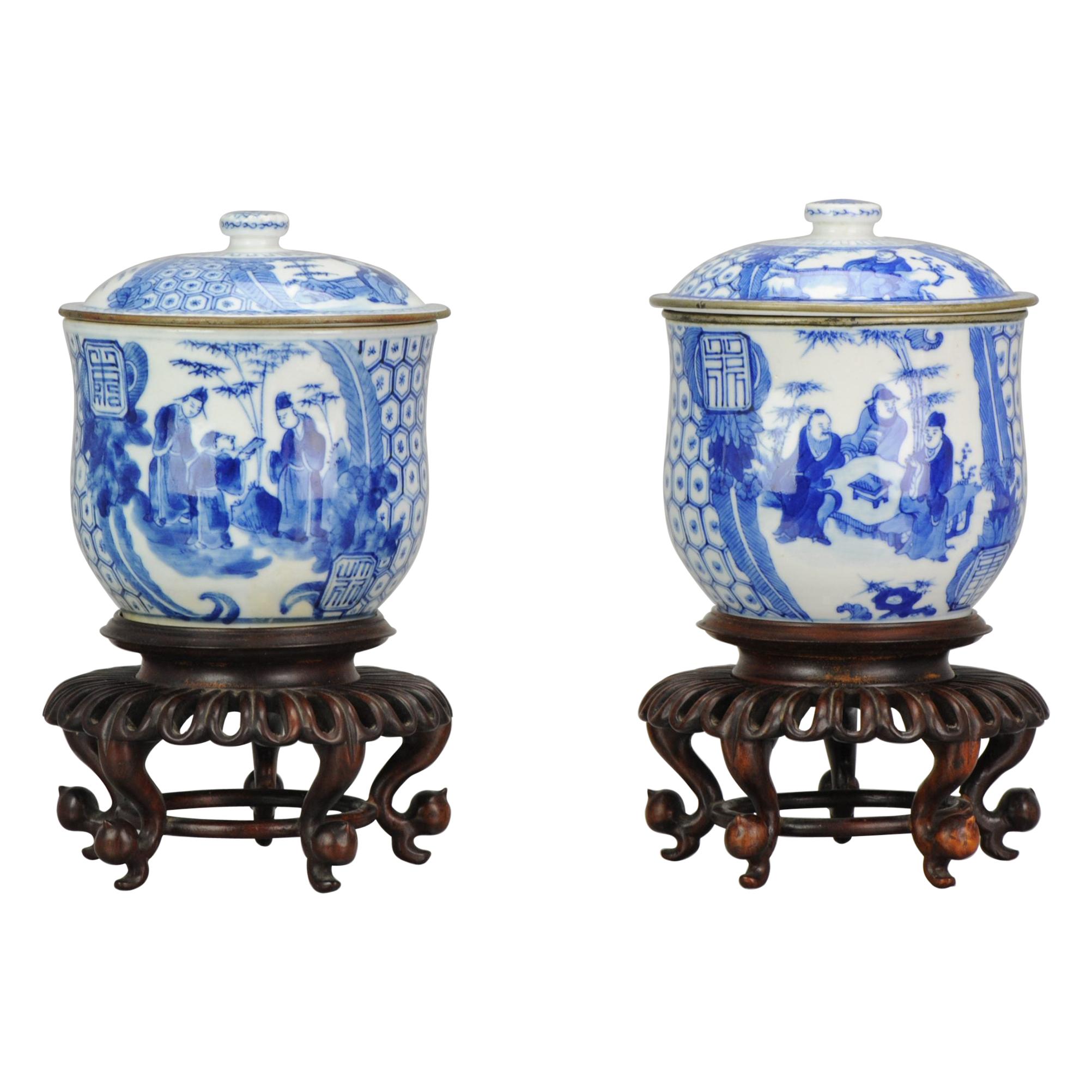 Antique Pair of Chinese 19th Century Bleu de Hue Lidded Jars Vietnamese Market