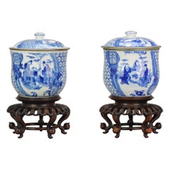 Antique Pair of Chinese 19th Century Bleu de Hue Lidded Jars Vietnamese Market