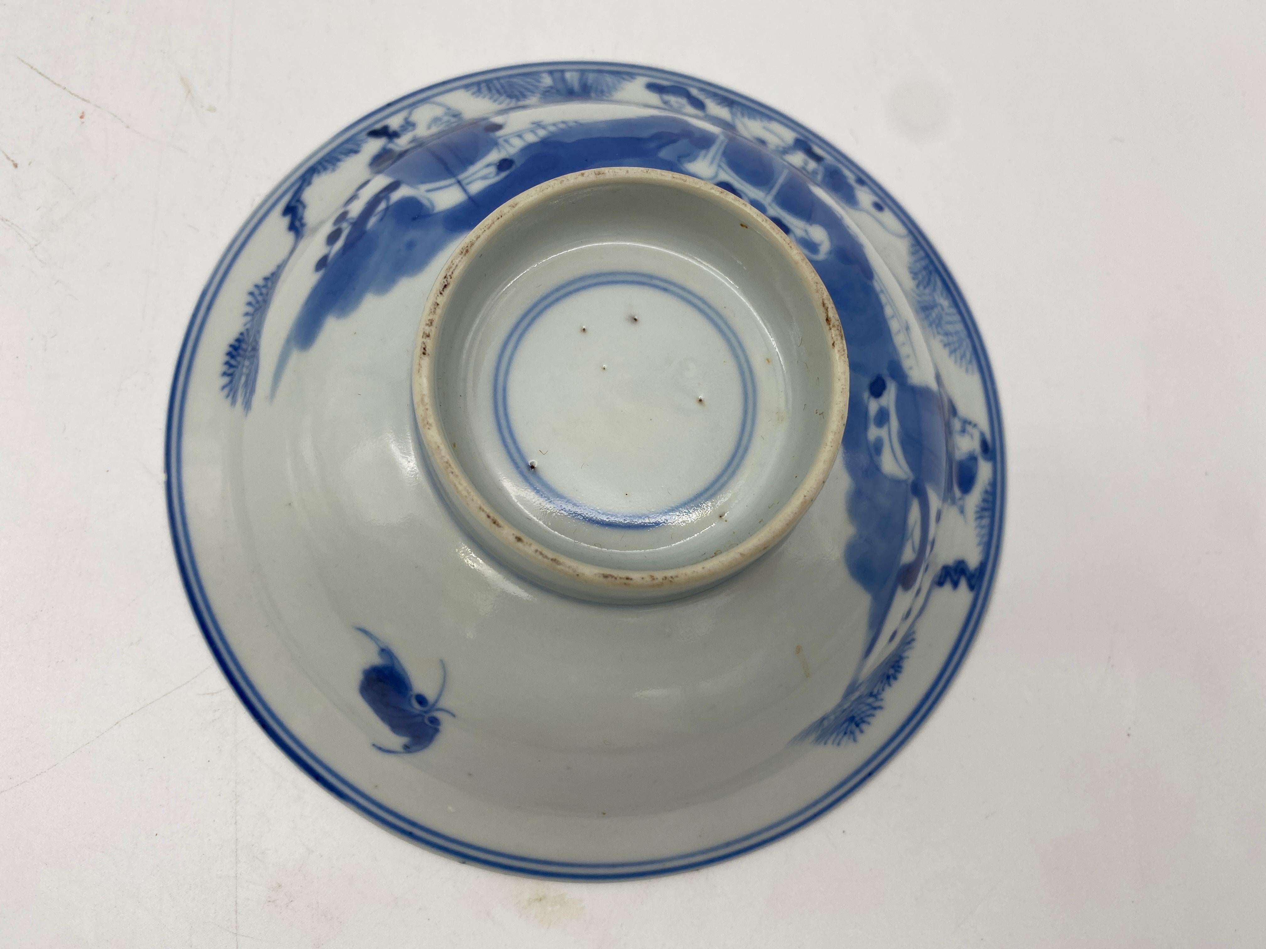 a pair of antique Chinese blue and white porcelain bowls with very beautiful hand paint. There are double blue circles at the bottom of the bowls, excellent condition, measures: 5.75” x 1.75 '' see carefully more pictures.