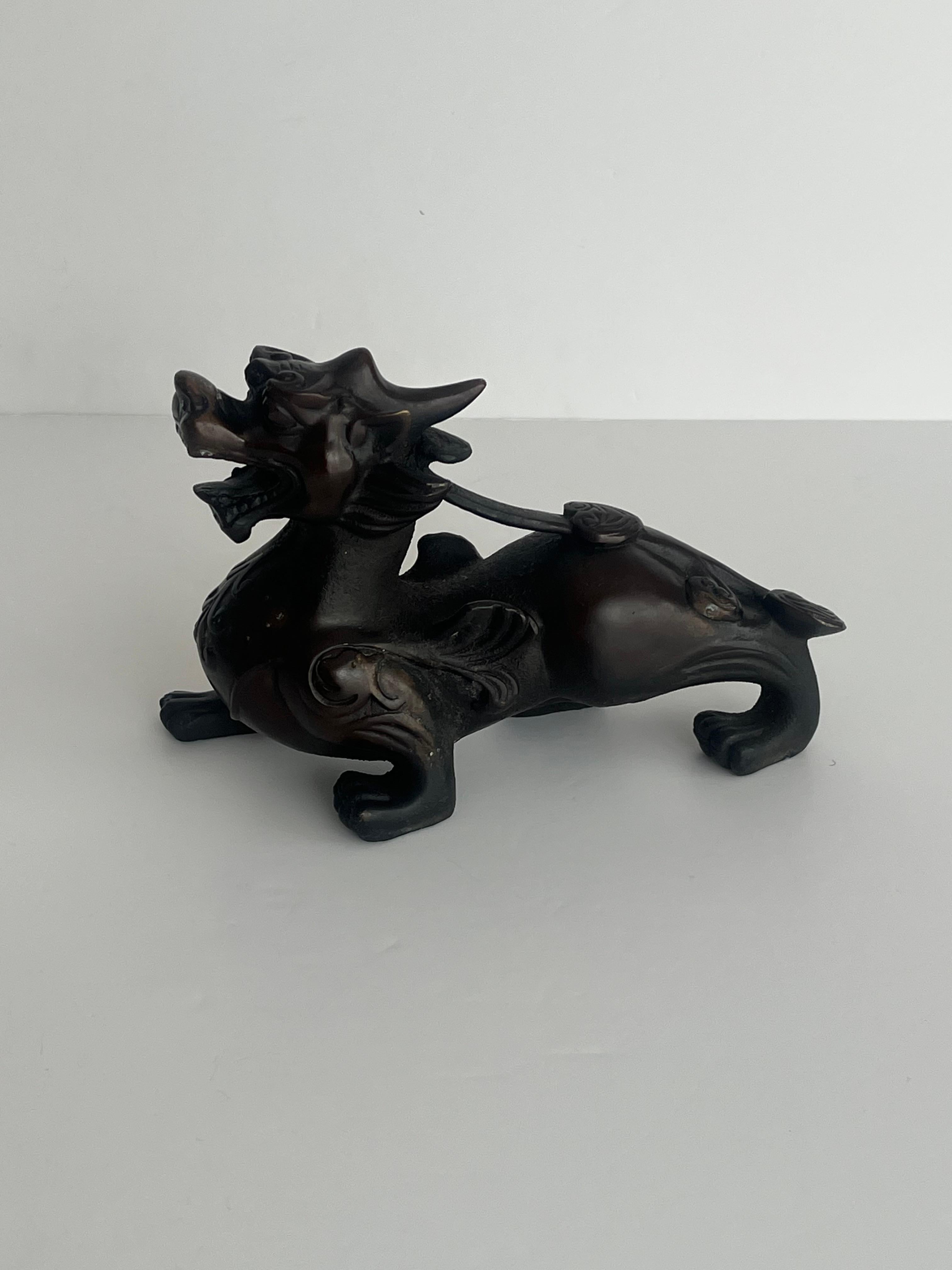 20th Century Antique PAIR of Chinese Bronze Foo Dogs with Good Detail and colour, early 20thC For Sale