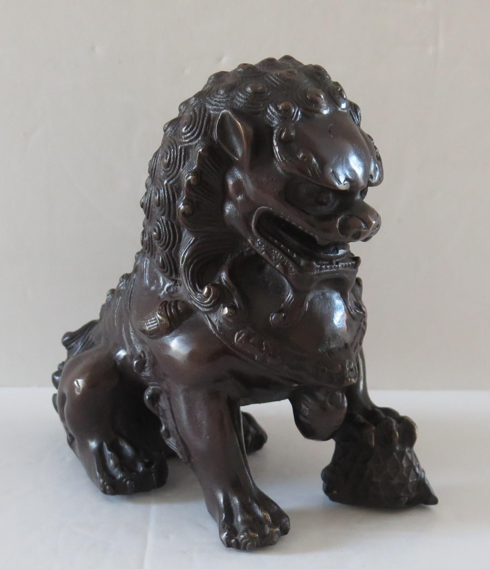 Pair of Chinese Bronze Foo or Lion Dogs Good Detail, Circa 1920s 5