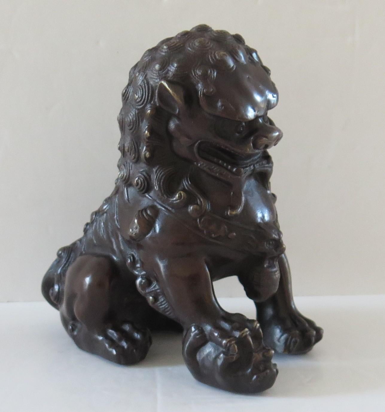 Pair of Chinese Bronze Foo or Lion Dogs Good Detail, Circa 1920s 7
