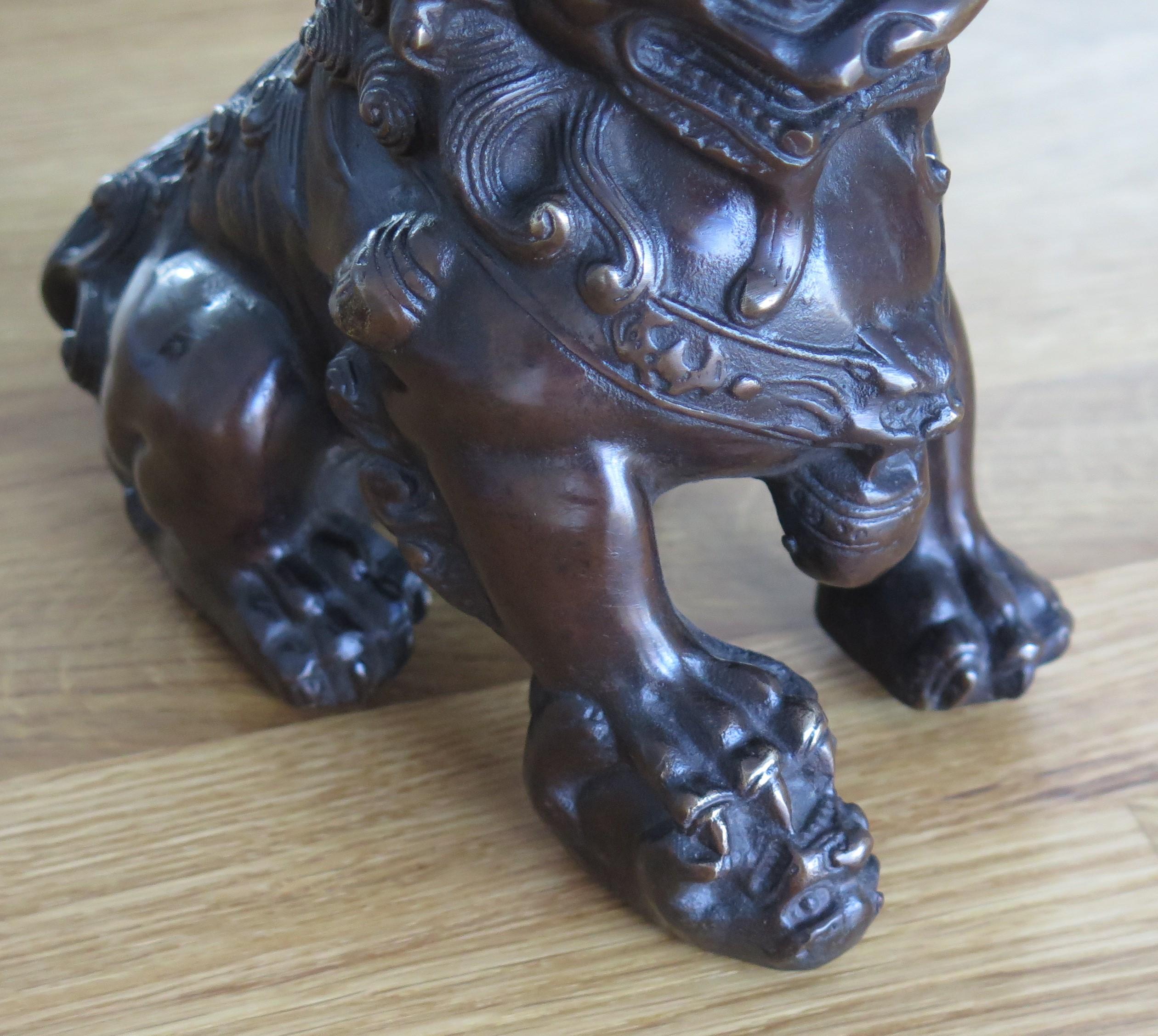Pair of Chinese Bronze Foo or Lion Dogs Good Detail, Circa 1920s 13