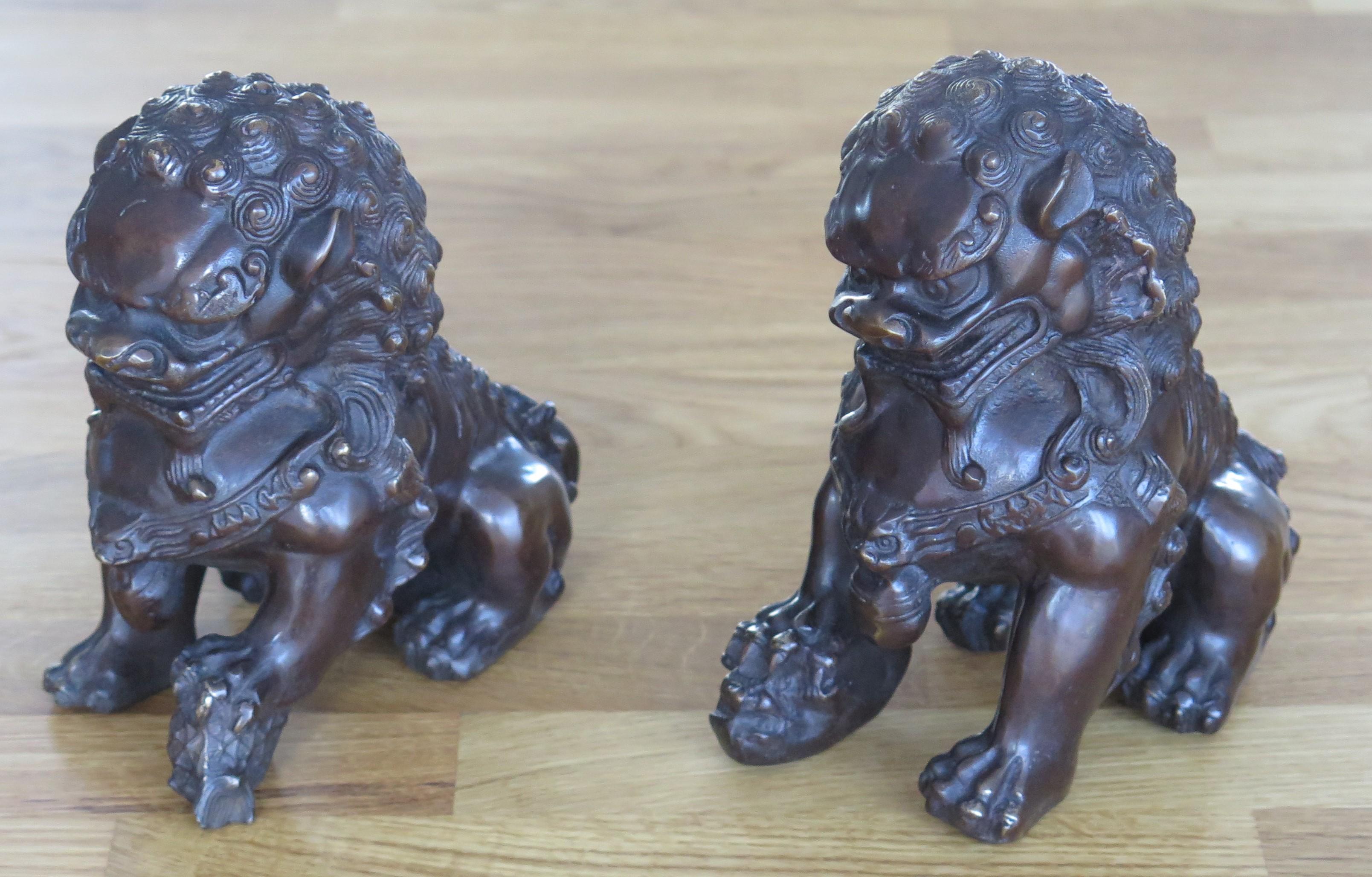 Pair of Chinese Bronze Foo or Lion Dogs Good Detail, Circa 1920s 14