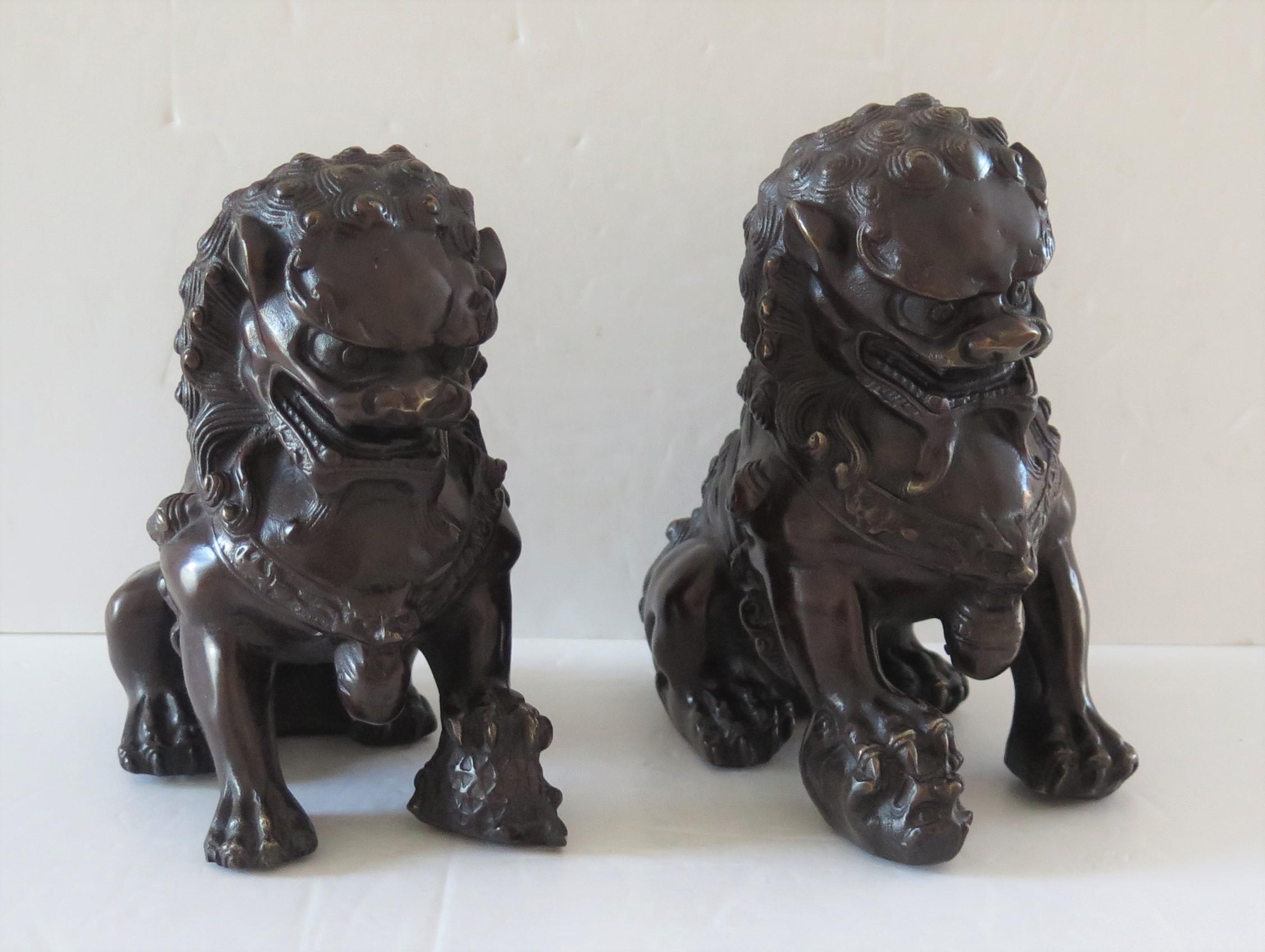 Cast Pair of Chinese Bronze Foo or Lion Dogs Good Detail, Circa 1920s