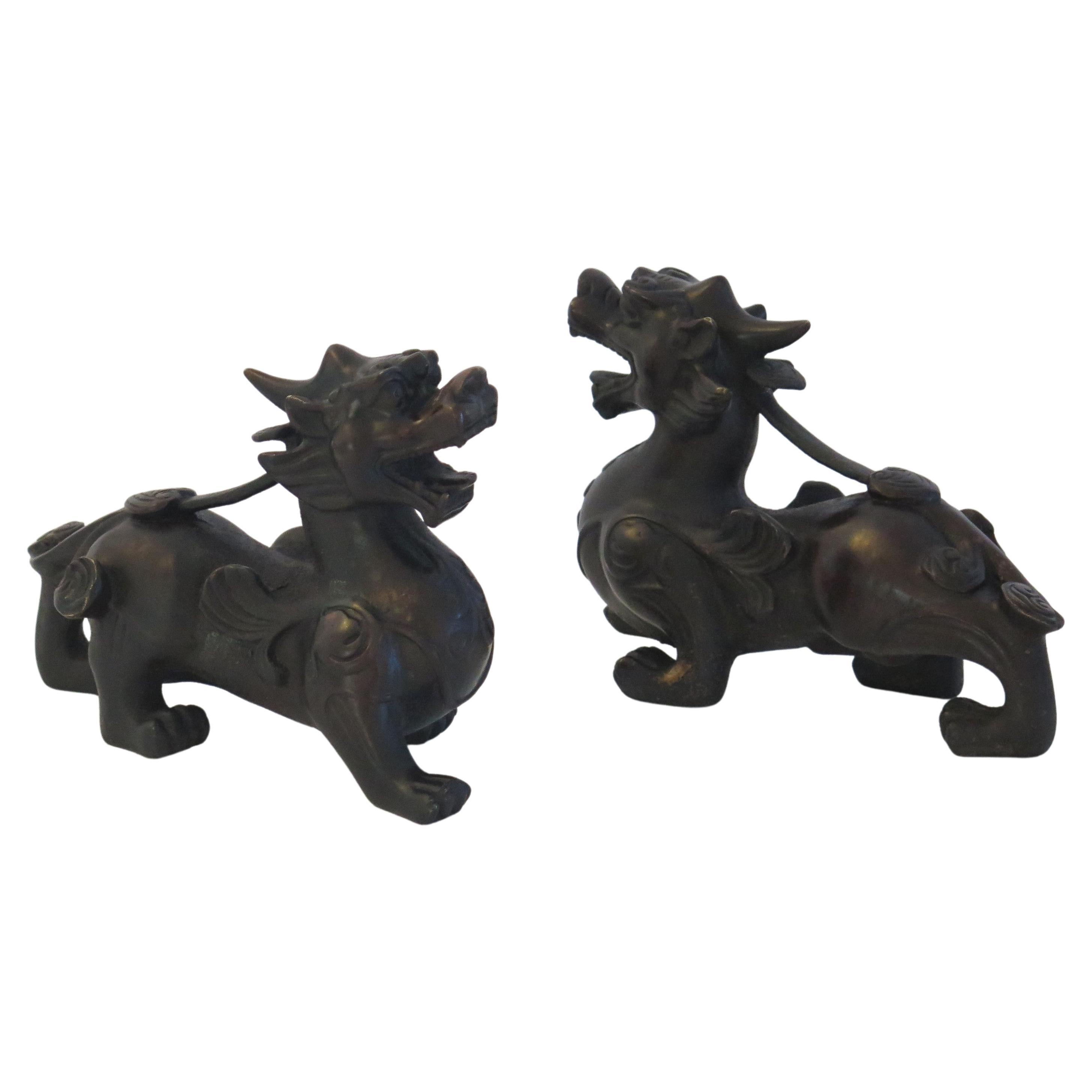 Antique Pair of Chinese Bronze Foo Dogs Good Detail, Qing Dynasty