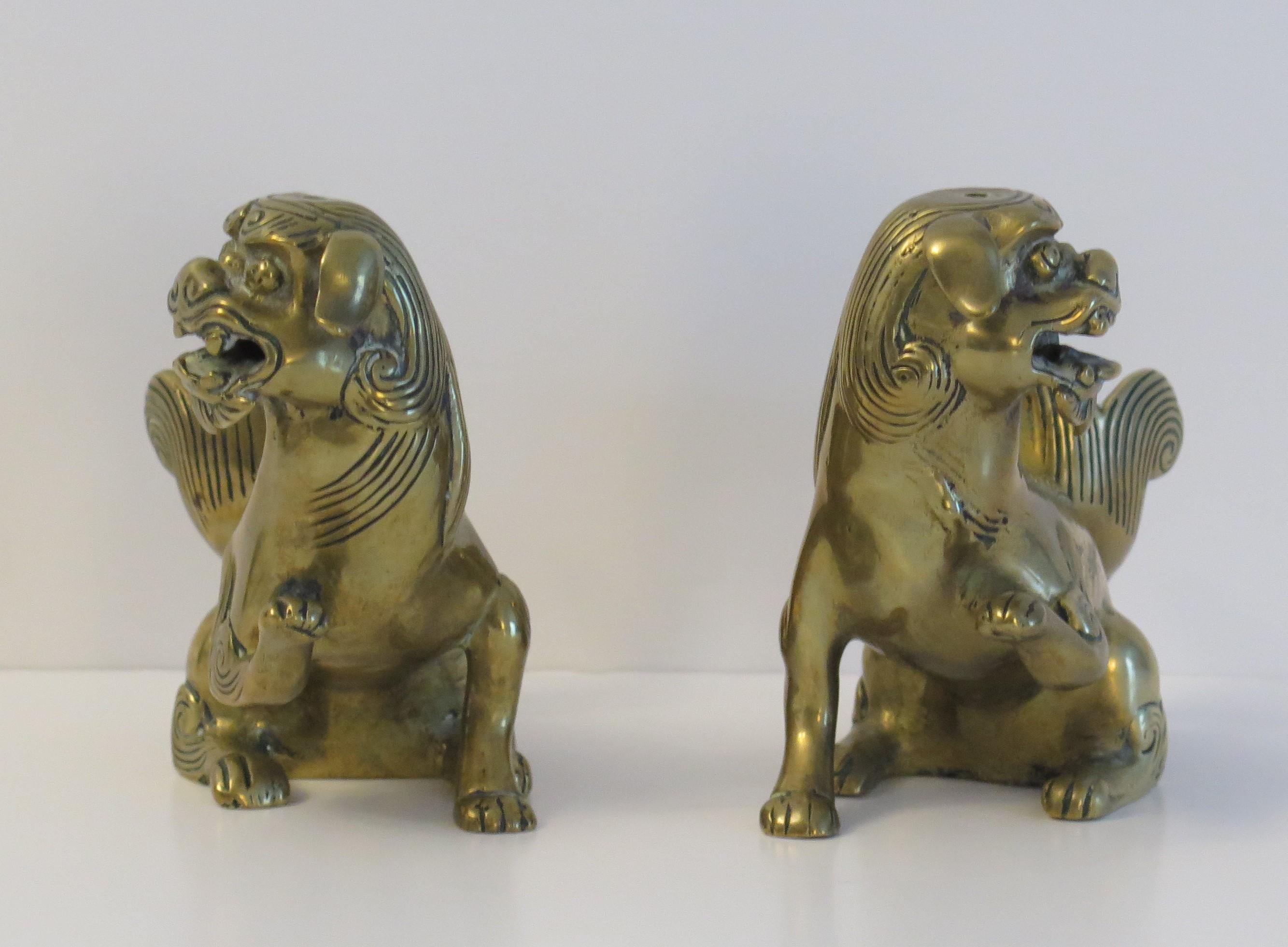 Cast Antique Pair of Chinese Bronze Foo Dogs good detail, Qing early 19th Century For Sale