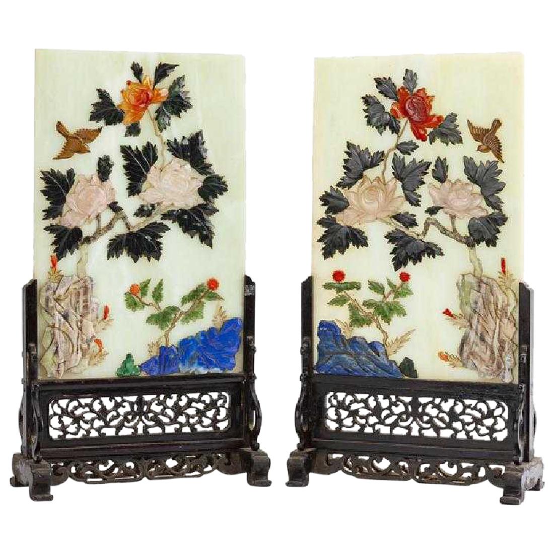Antique Pair of Chinese Carved Gemstone Table Screens on Wooden Bases