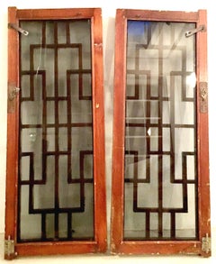Antique Pair Of Chinese Geometric Carved Mahogany & Smoke Glass Windows