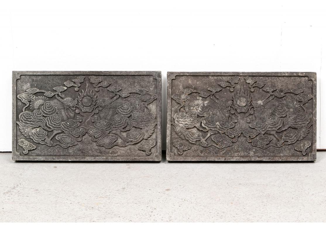 Antique Pair Of Chinese Carved Stone Garden Panels With Dragons For Sale 4