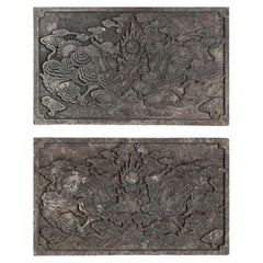 Antique Pair Of Chinese Carved Stone Garden Panels With Dragons