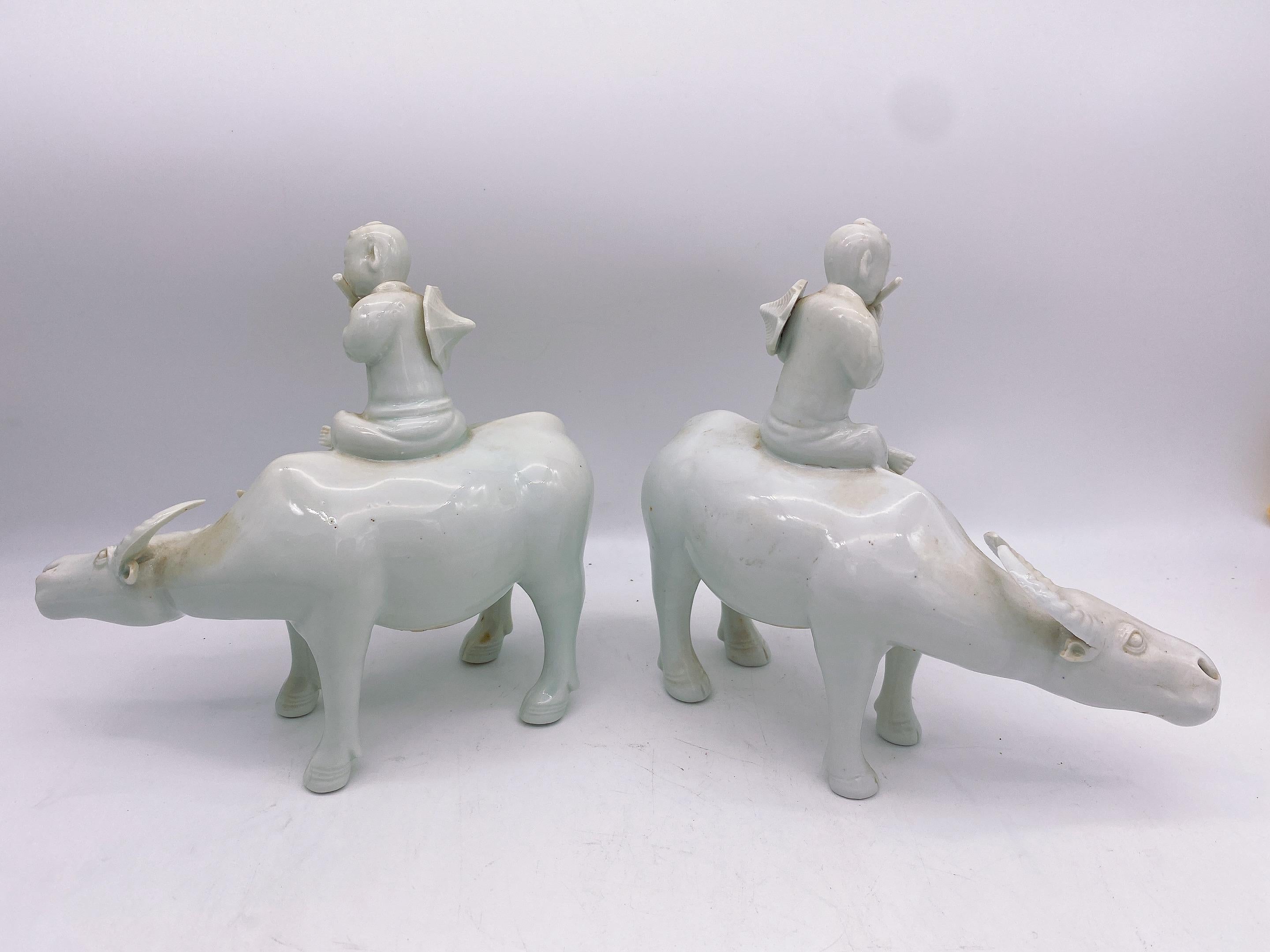 Antique Pair of Chinese Dehua Porcelain Figures of Boys on Water Buffalos For Sale 5