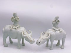 Antique Pair of Chinese Dehua Porcelain Figures of Boys on Water Buffalos