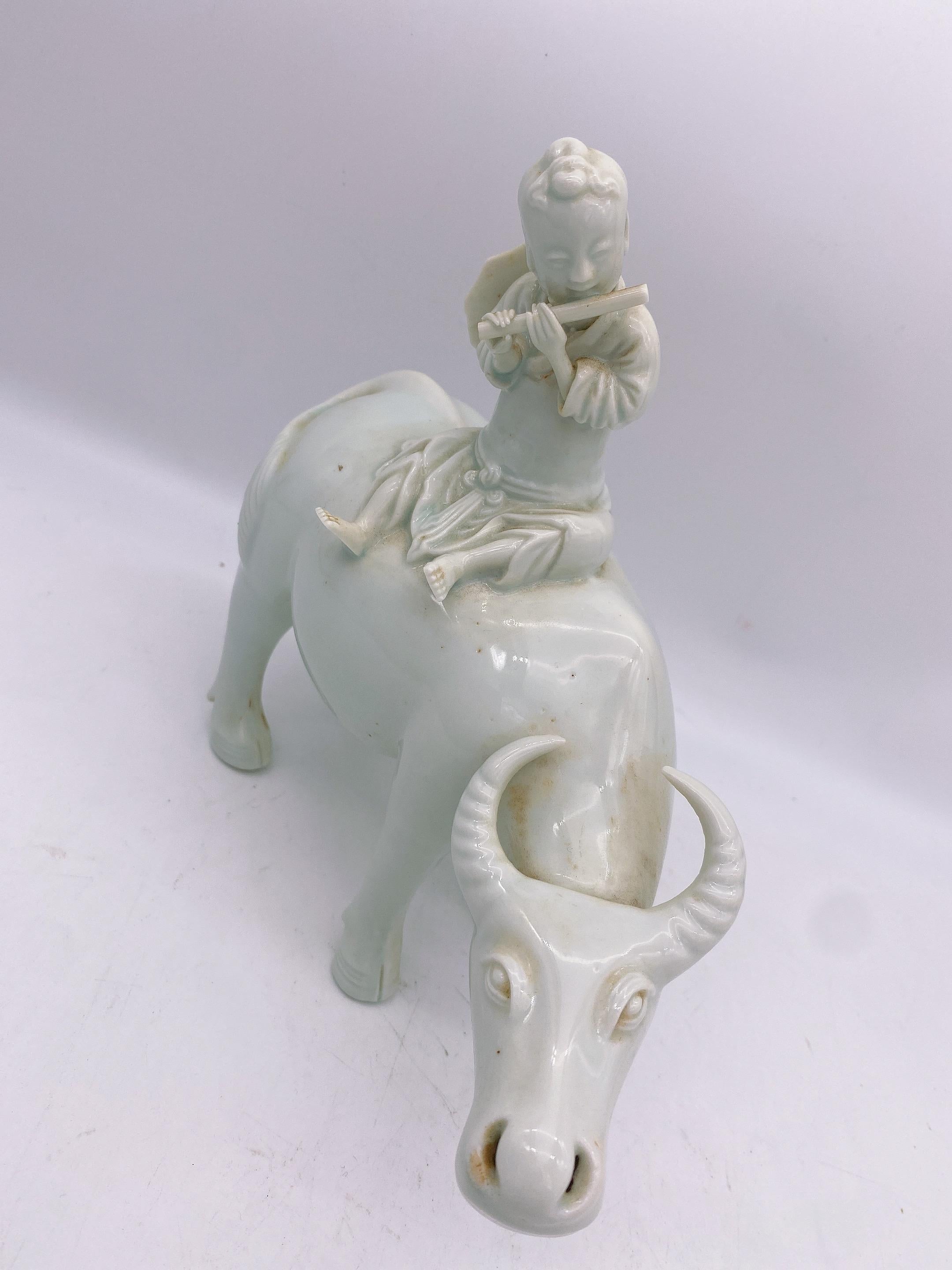 20th Century Antique Pair of Chinese Dehua Porcelain Figures of Boys on Water Buffalos For Sale