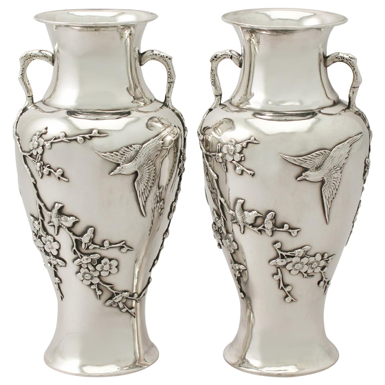 Antique Pair of Chinese Export Silver Vases, circa 1890