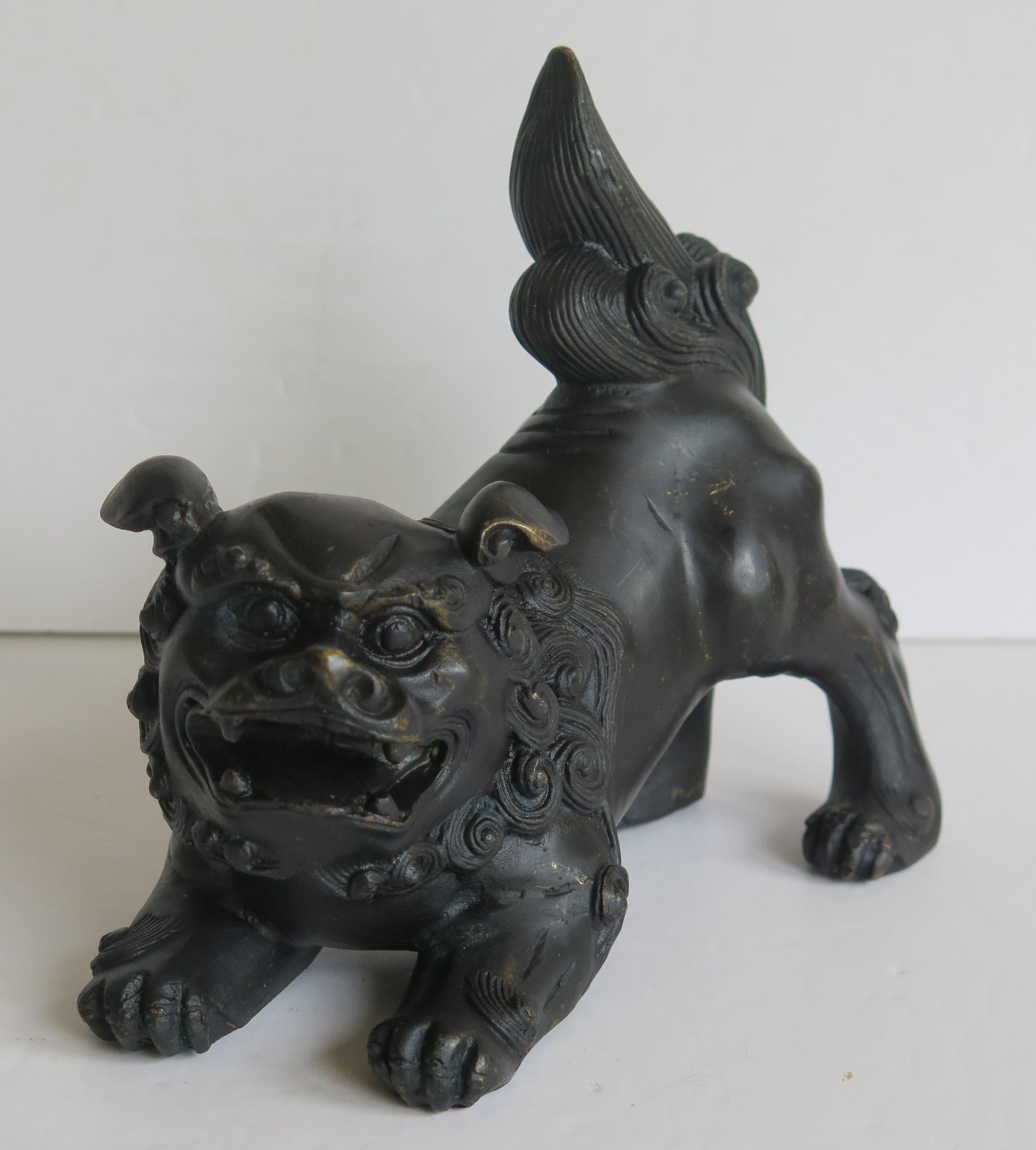 Antique Pair of Chinese Bronze Foo Dogs good detail, Qing 19th Century 10