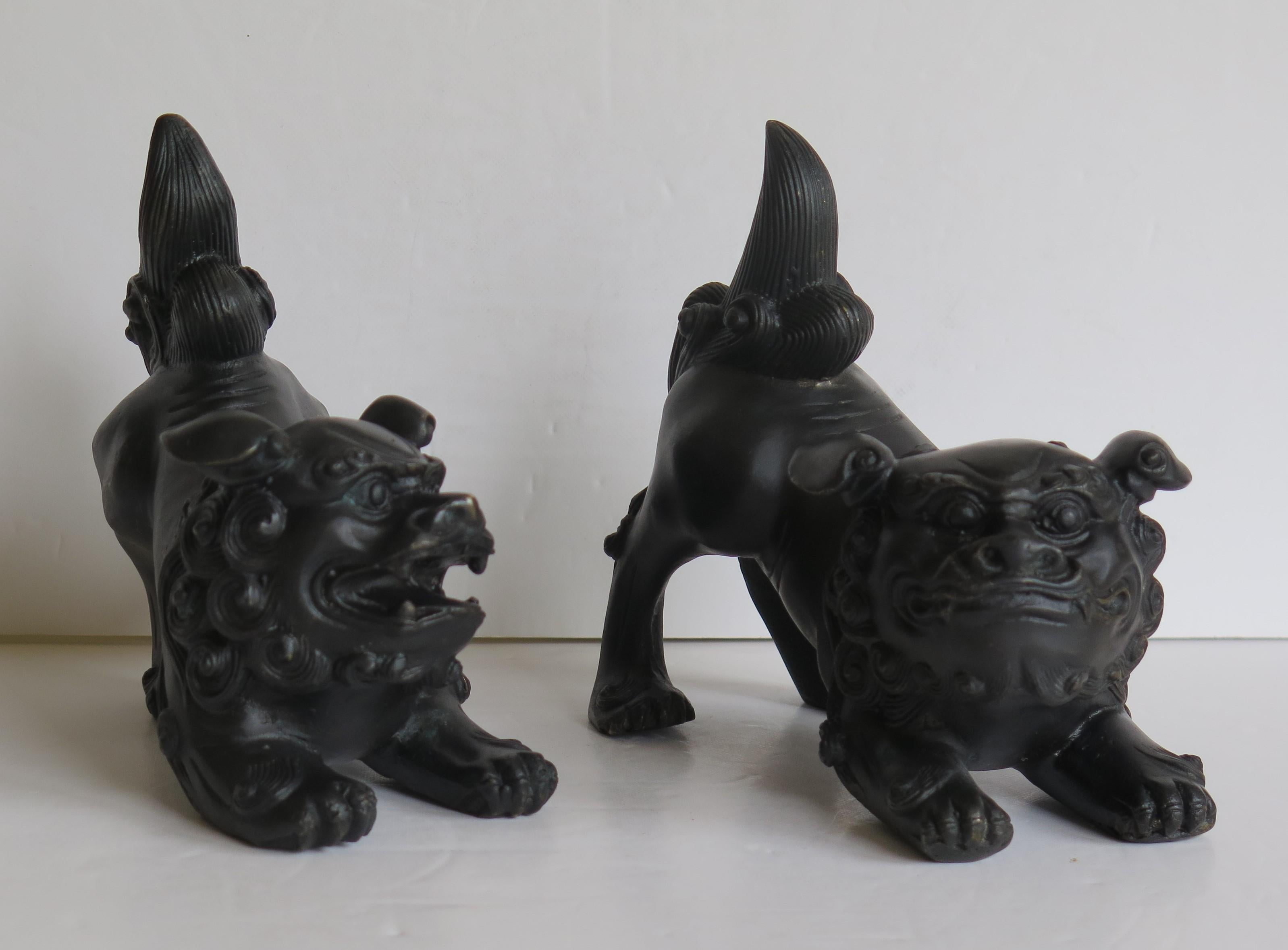 Cast Antique Pair of Chinese Bronze Foo Dogs good detail, Qing 19th Century