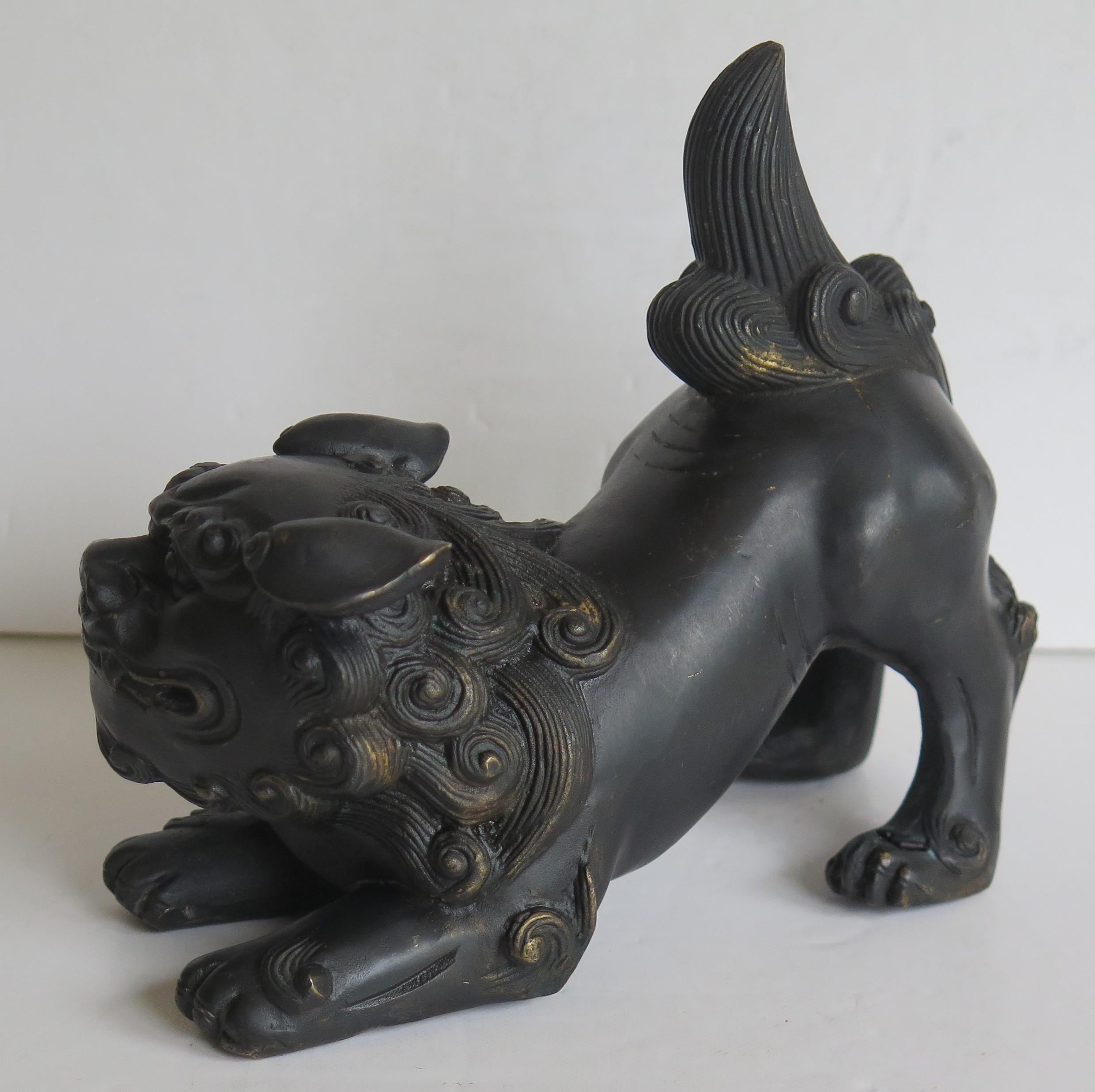Antique Pair of Chinese Bronze Foo Dogs good detail, Qing 19th Century 4
