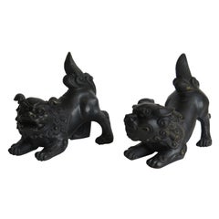 Antique Pair of Chinese Bronze Foo Dogs good detail, Qing 19th Century