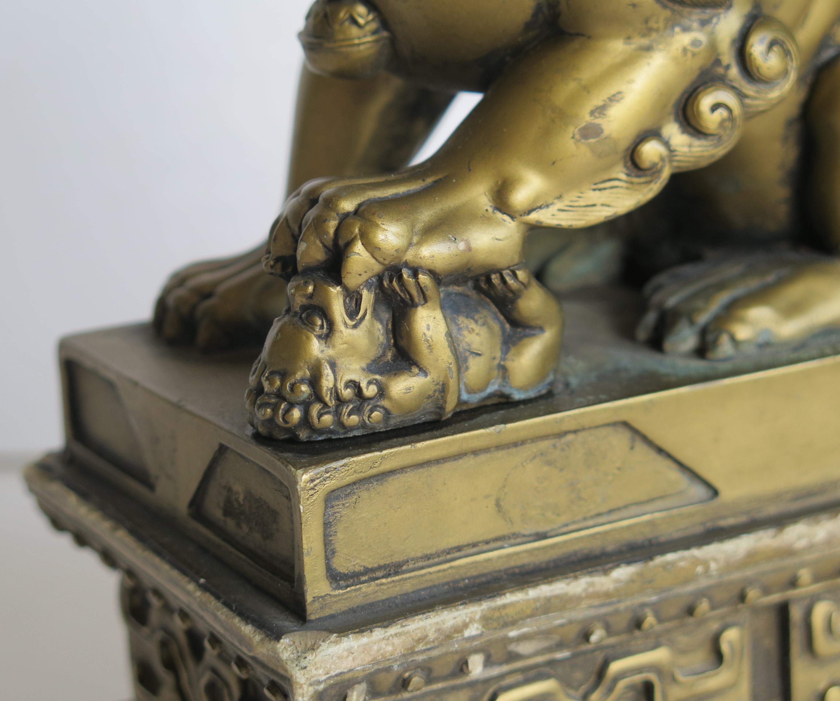 Antique Pair of Chinese Foo Dogs Gilded Stone with Fine Detail Qing 19th Century 10