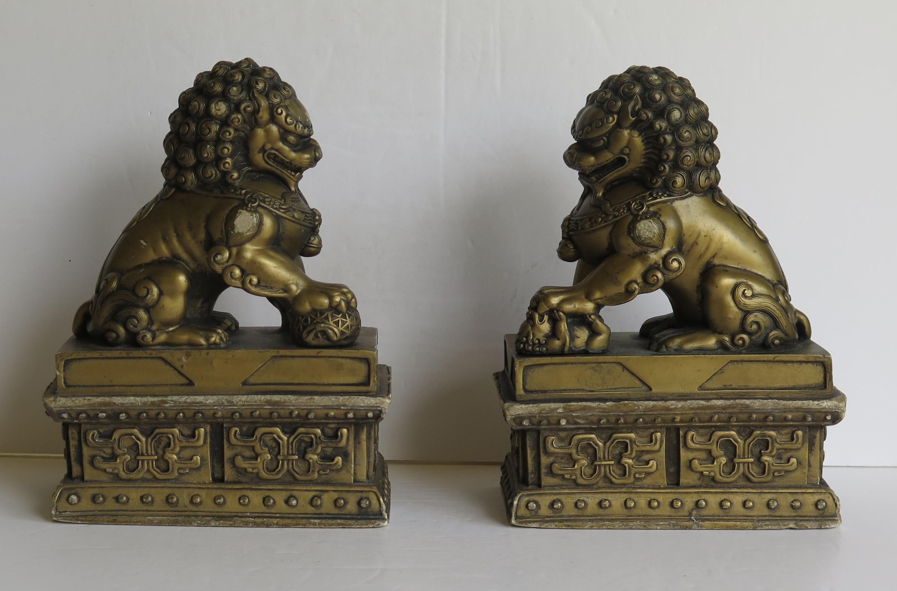 Antique Pair of Chinese Foo Dogs Gilded Stone with Fine Detail Qing 19th Century 1