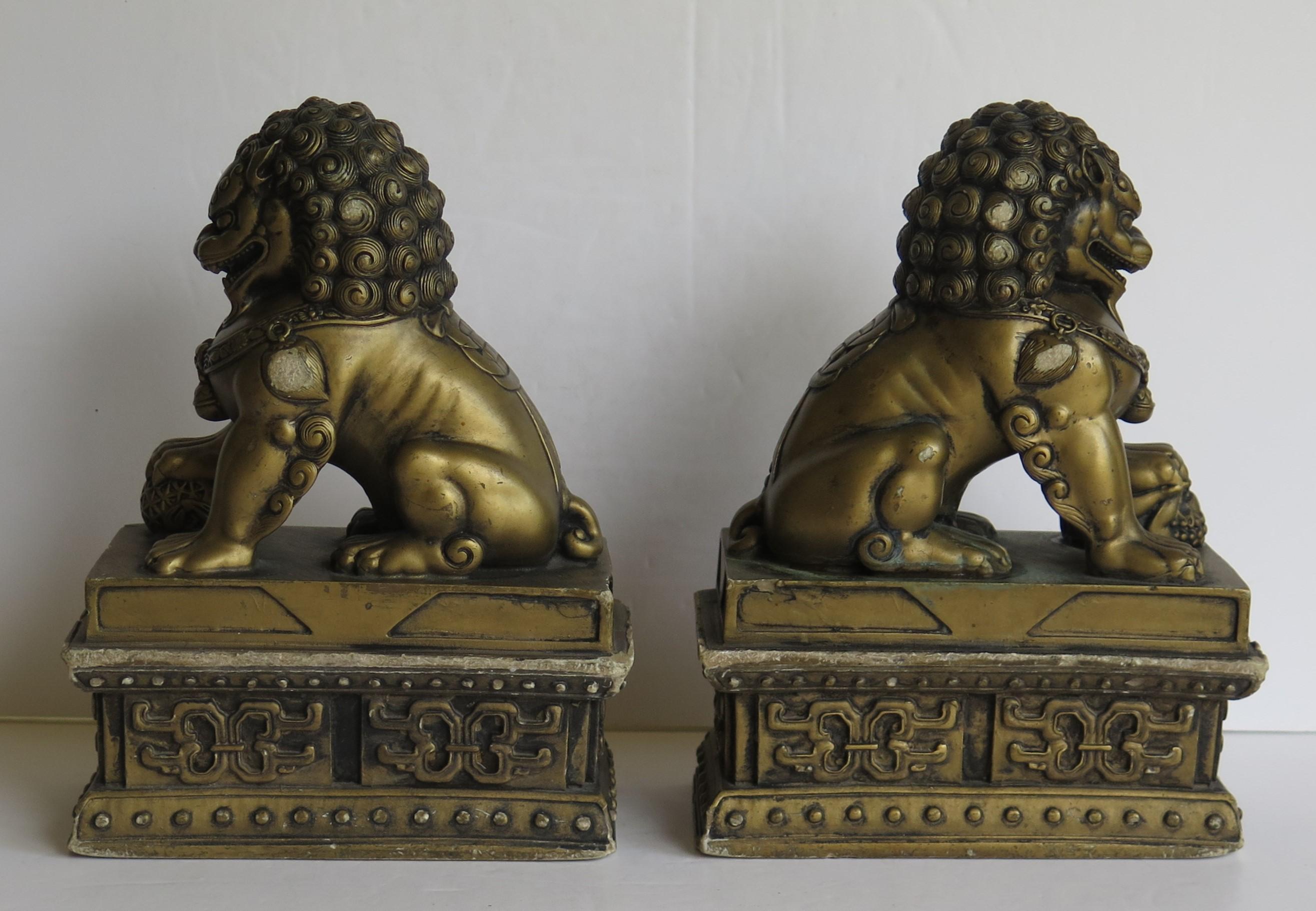 Antique Pair of Chinese Foo Dogs Gilded Stone with Fine Detail Qing 19th Century 2