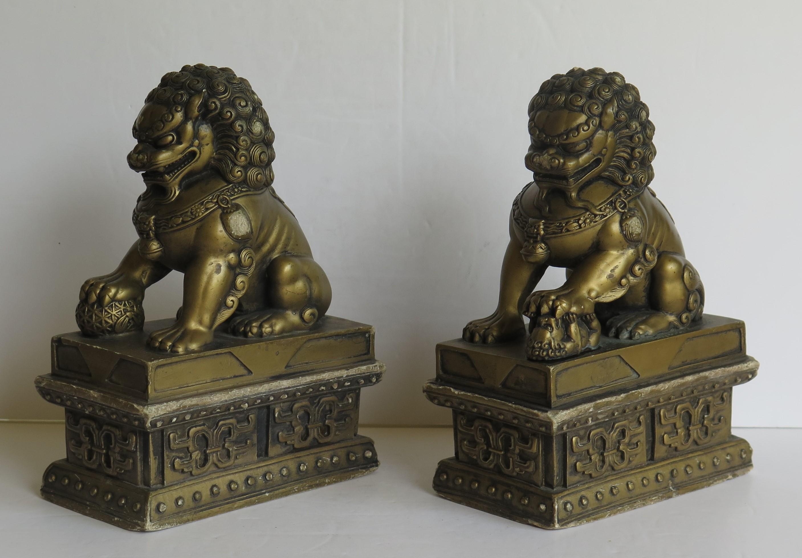 Antique Pair of Chinese Foo Dogs Gilded Stone with Fine Detail Qing 19th Century 3