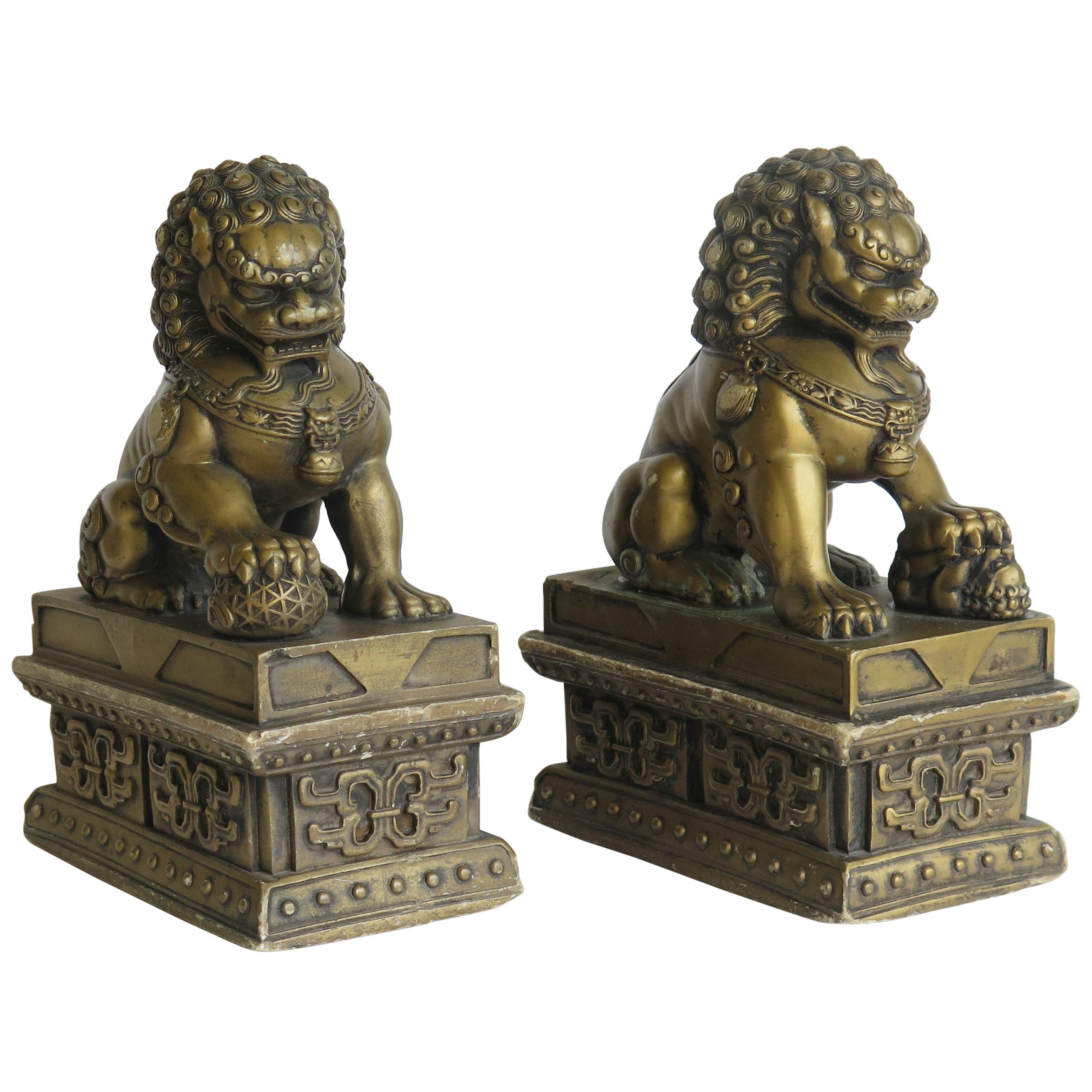 Antique Pair of Chinese Foo Dogs Gilded Stone with Fine Detail Qing 19th Century