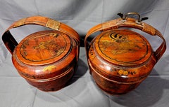 Antique Pair of Chinese Gilt Lacquered Wedding Baskets